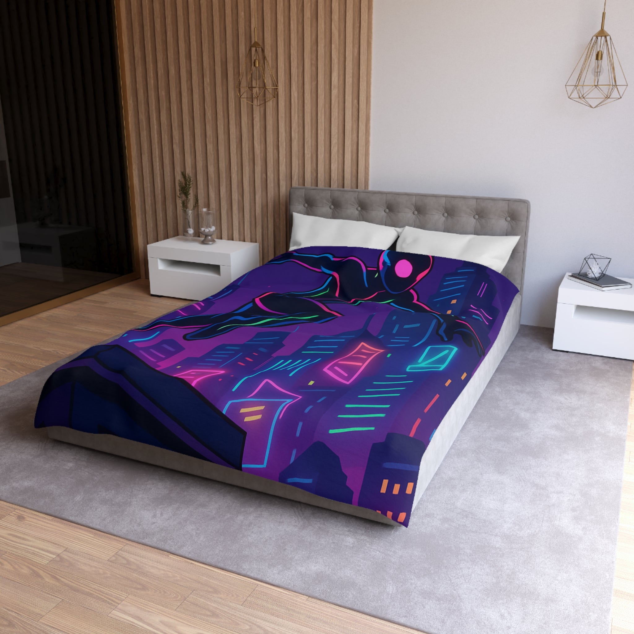 Housse de couette néon urbain avec silhouette héroïque sautant devant gratte-ciel lumineux