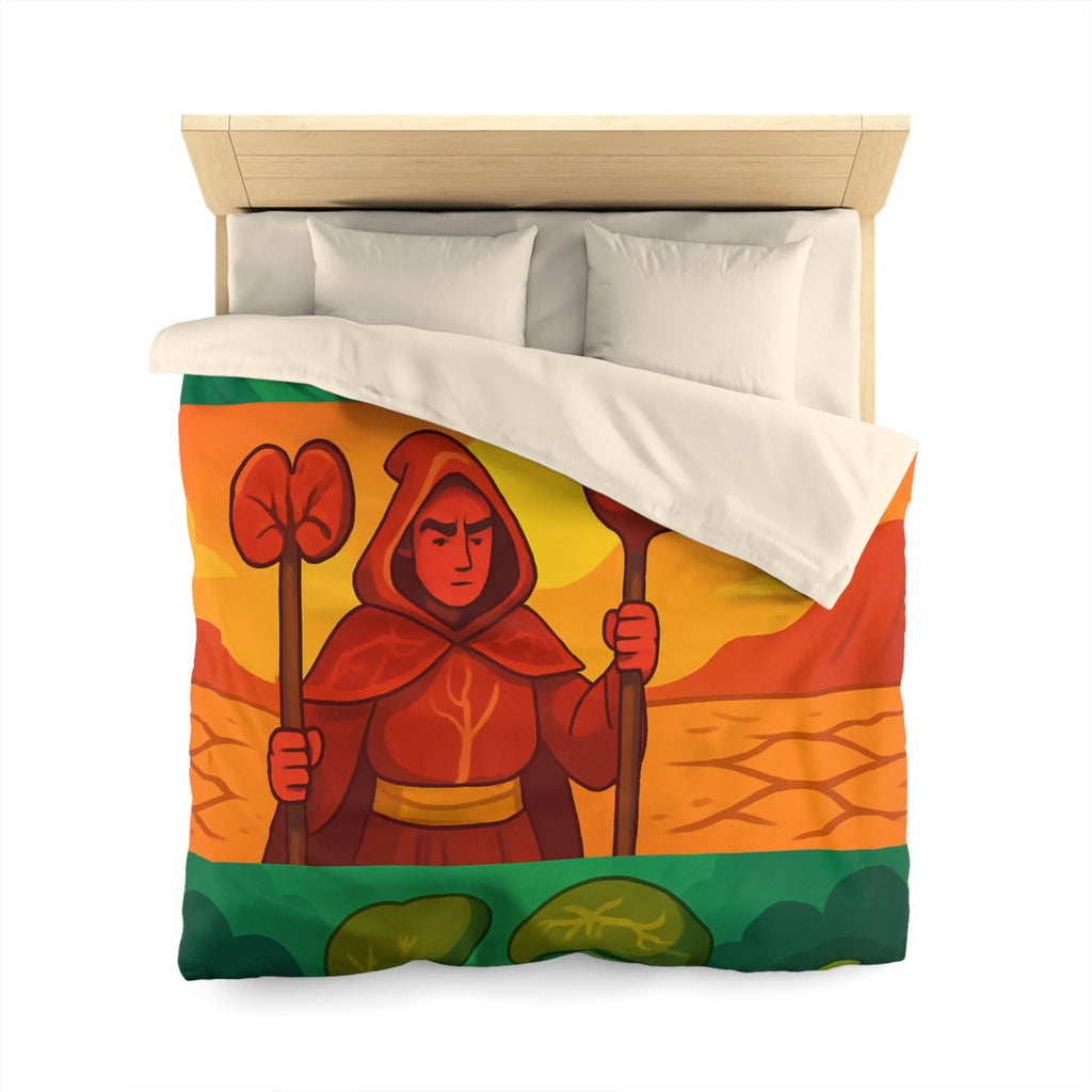 Housse de couette colorée avec trois mages, nature et paysages stylisés, ambiance apaisante