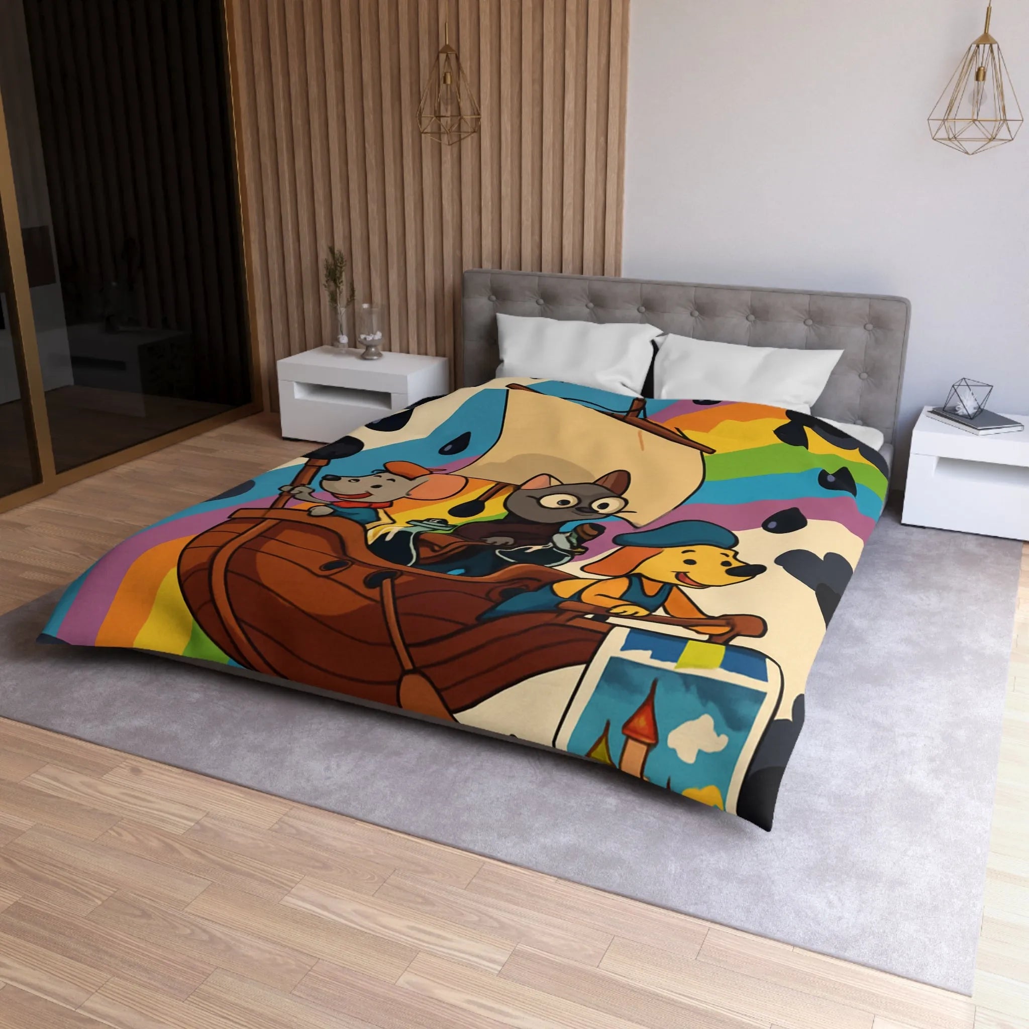 Housse de couette enfant avec animaux navigateurs sur arc-en-ciel et bateau enchanteur