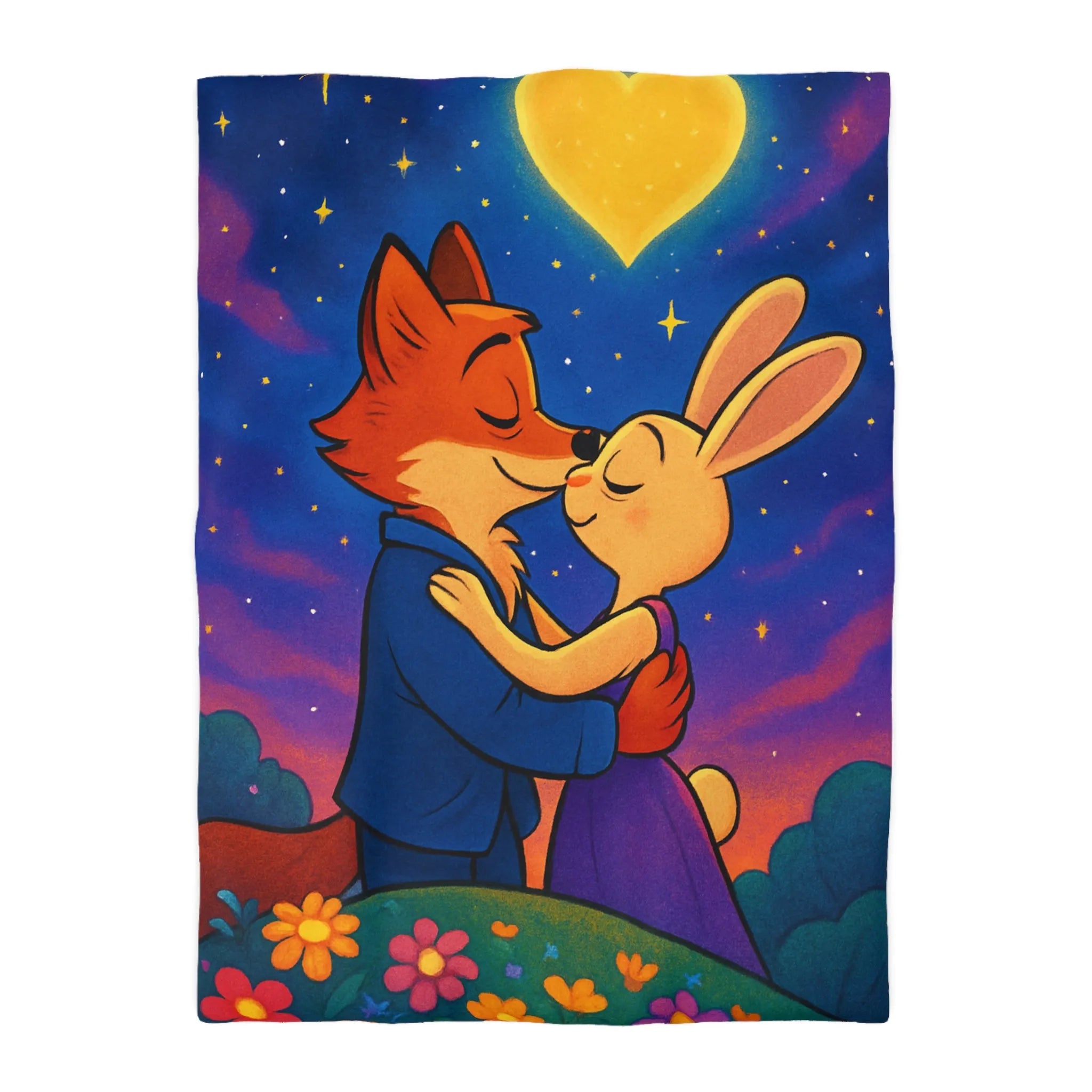 Housse de couette avec renard et lapin amoureux sous ciel étoilé romantique