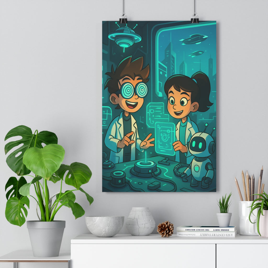 Poster décoratif futuriste bleu vert dynamique enfants chambre bureau moderne scientifique robot gadgets ambiance