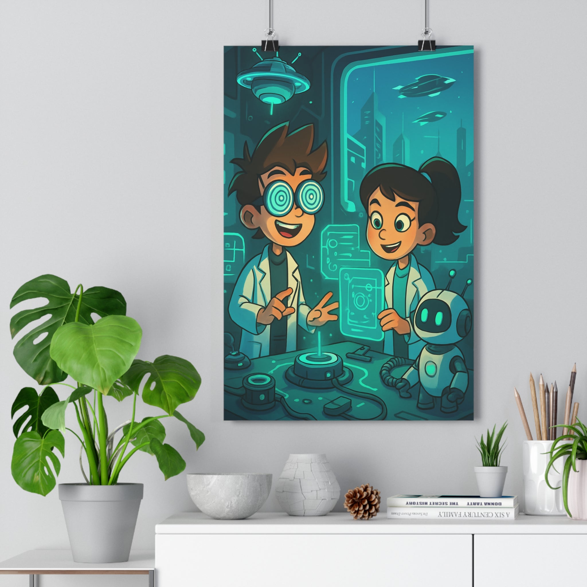 Poster décoratif futuriste bleu vert dynamique enfants chambre bureau moderne scientifique robot gadgets ambiance