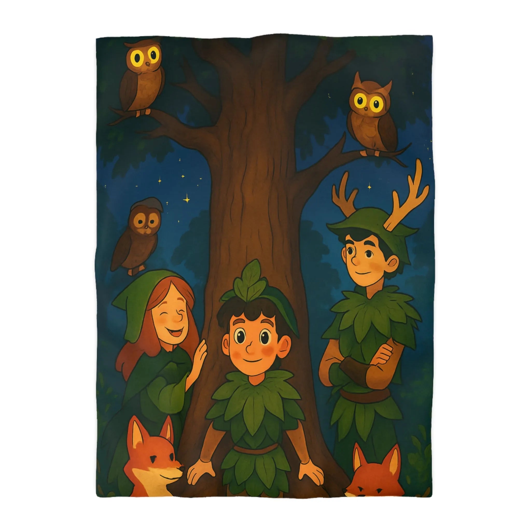 Housse de Couette Forêt Enchantée avec Animaux, Arbre et Enfants en Tenues Végétales