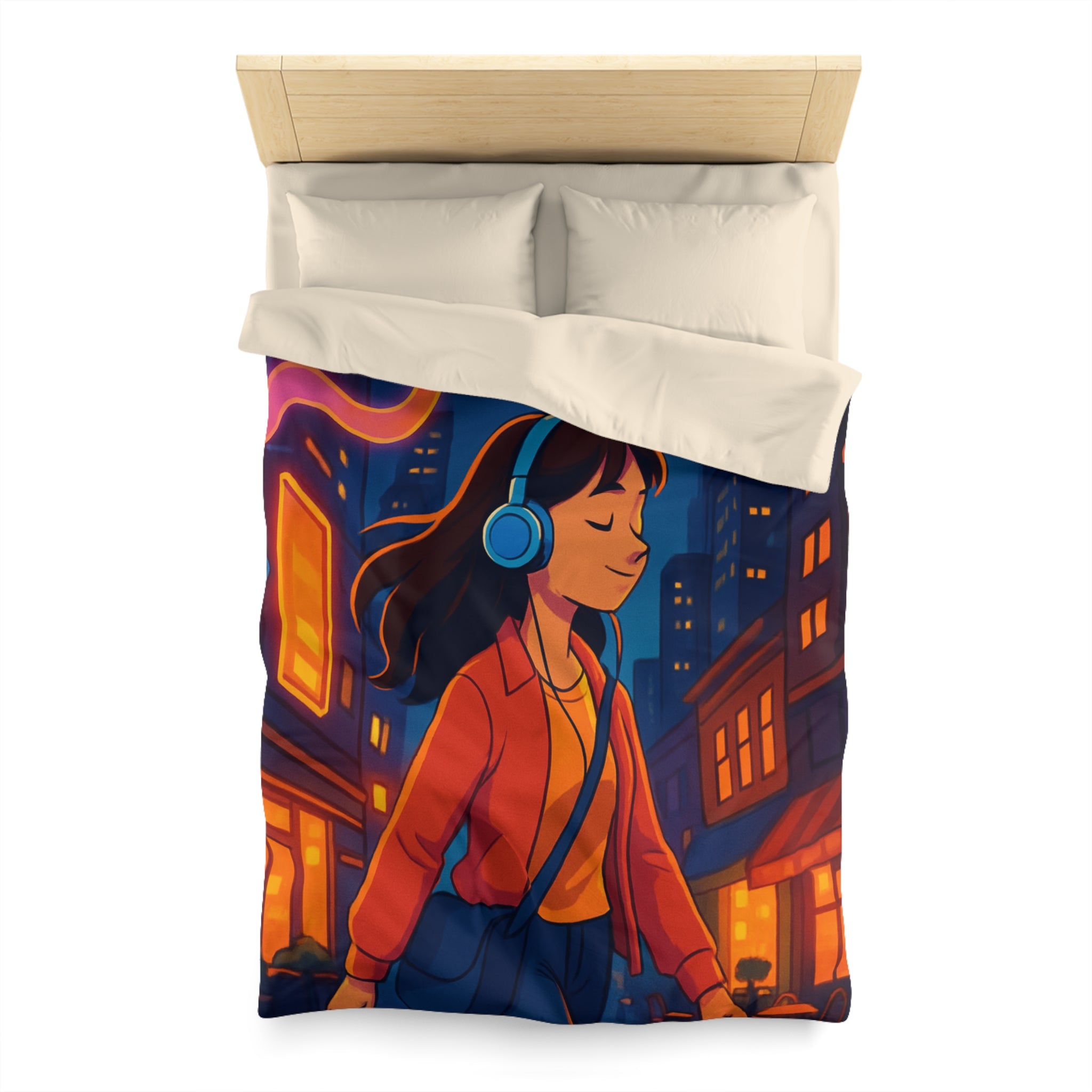 Housse de couette urbaine avec illustration vibrante de nuit et ambiance musicale