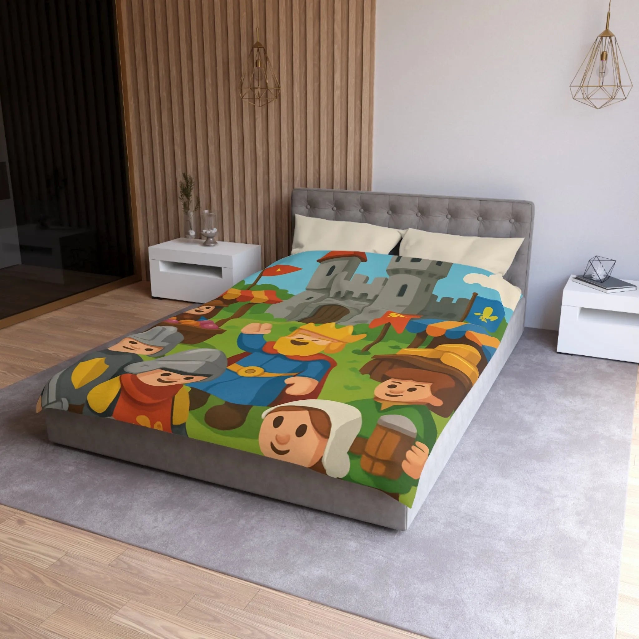 Housse de Couette Ludique Moyen Âge Château Roi et Marché Animé Coloré