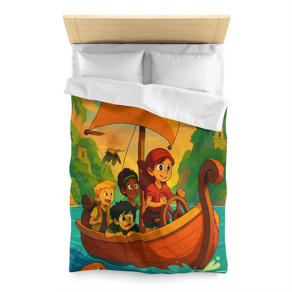 Housse de couette enfantine avec bateau, amis et animaux marins, ambiance tropicale vive