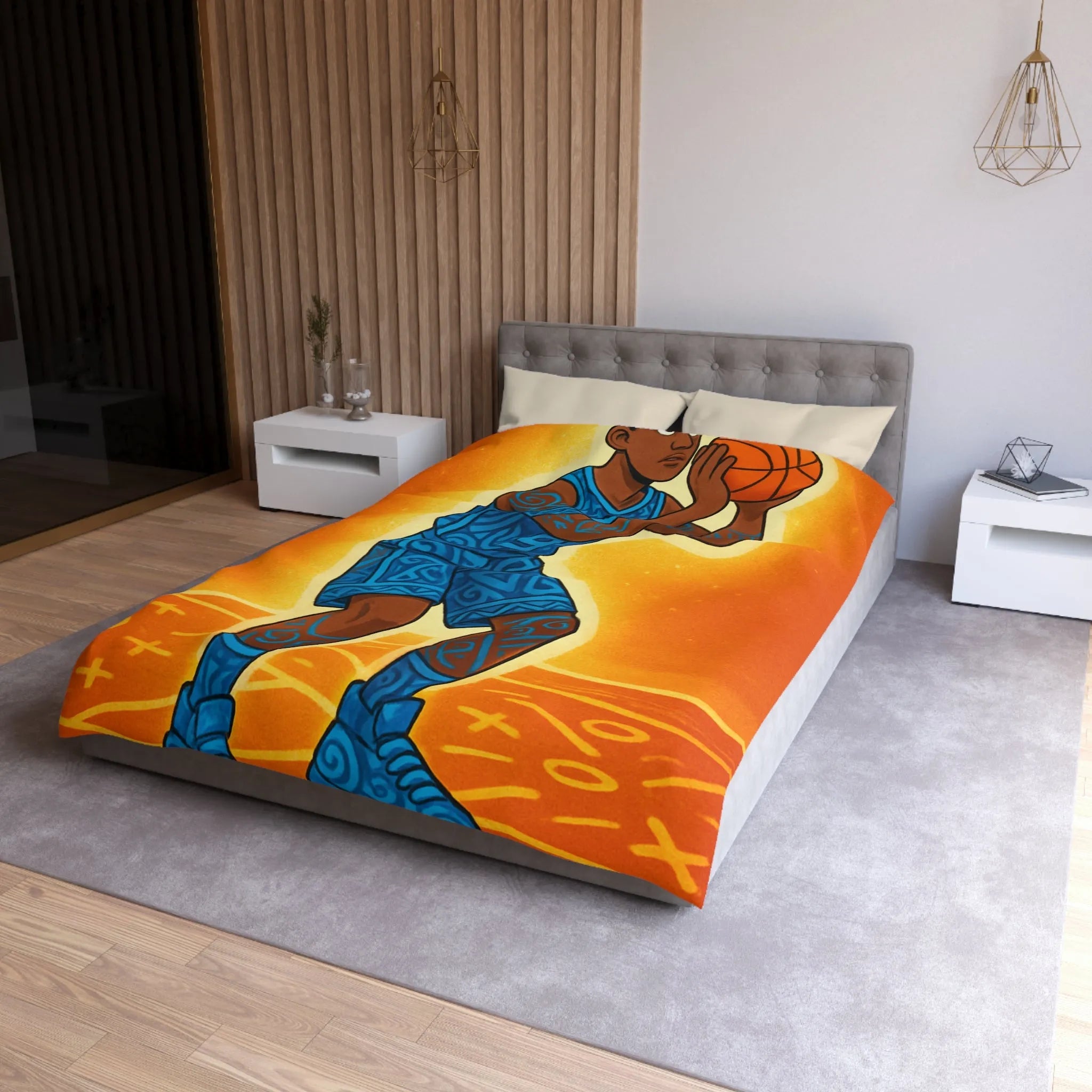 Housse De Couette Avec Joueur De Basketball Graphique En Bleu Sur Fond Orange