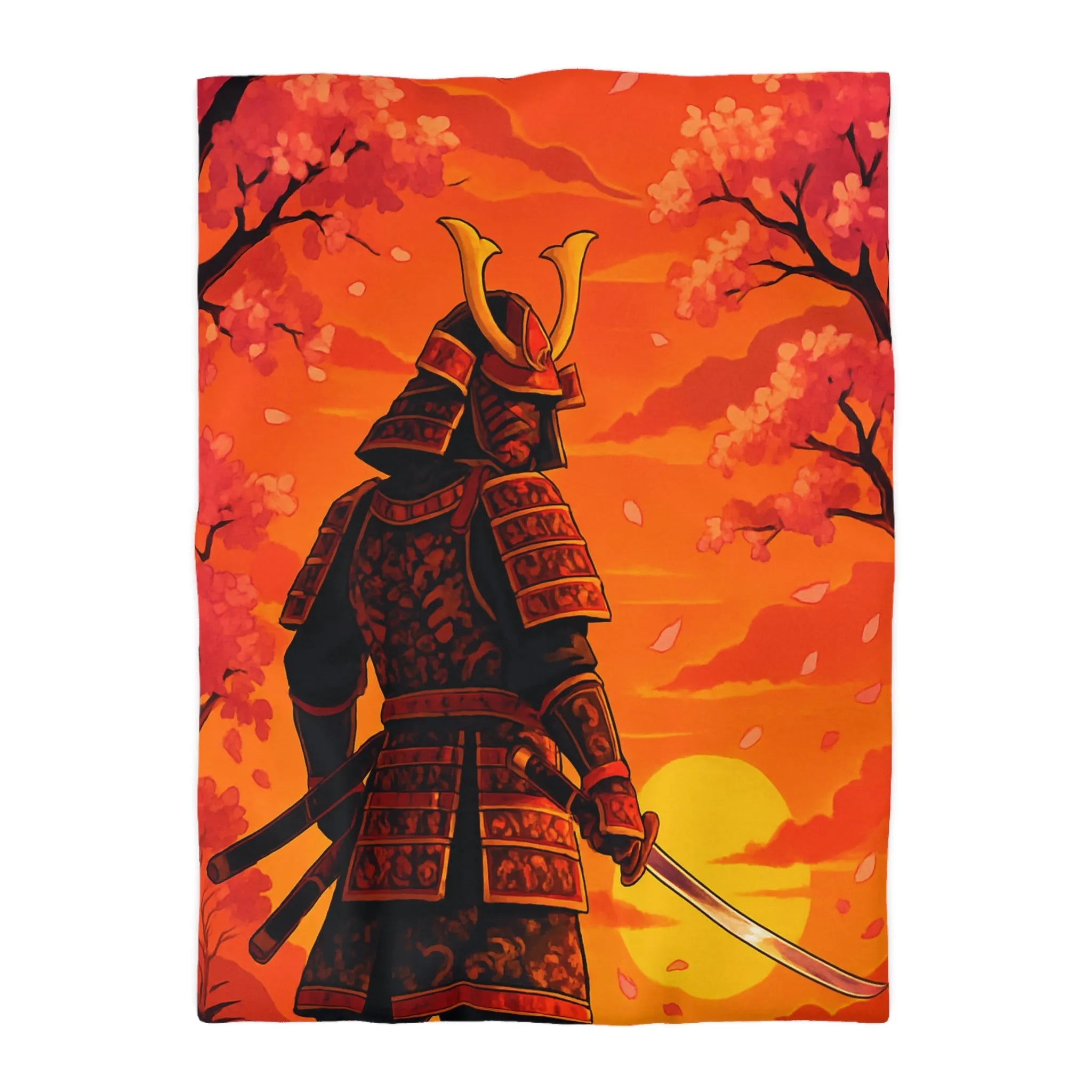 Housse de couette avec motif samouraï au coucher du soleil, arbres et fleurs roses