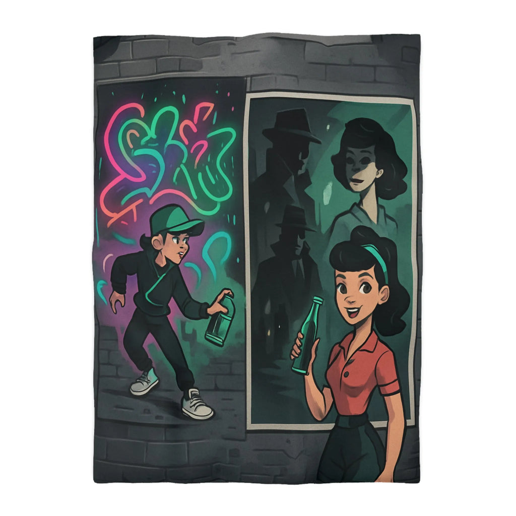 Housse de couette illustrée avec scène de rue colorée et personnages mystérieux