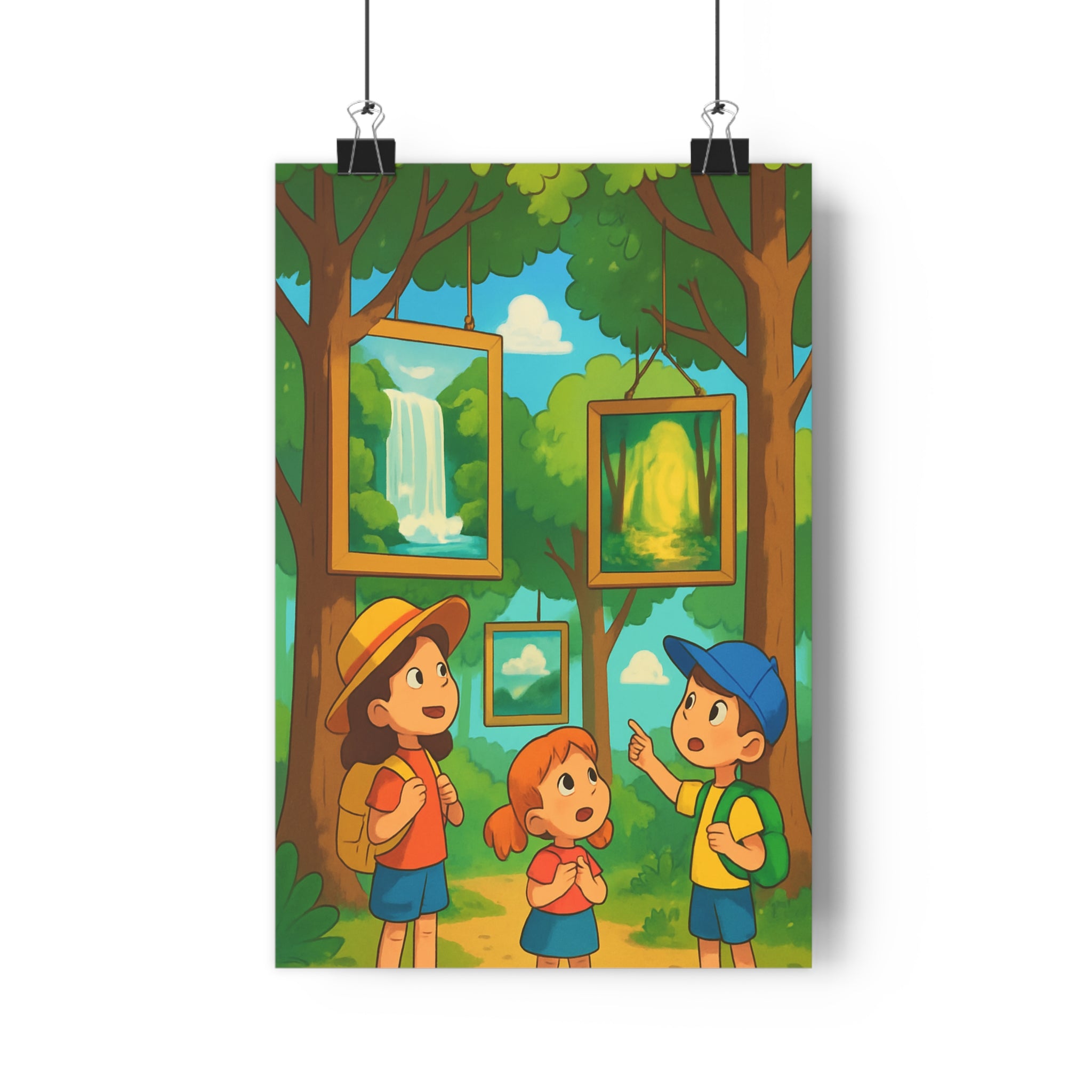 Poster décoratif anime forêt lumineux joyeux enfants tableau cascade chemin couleurs vives chambre 30x46