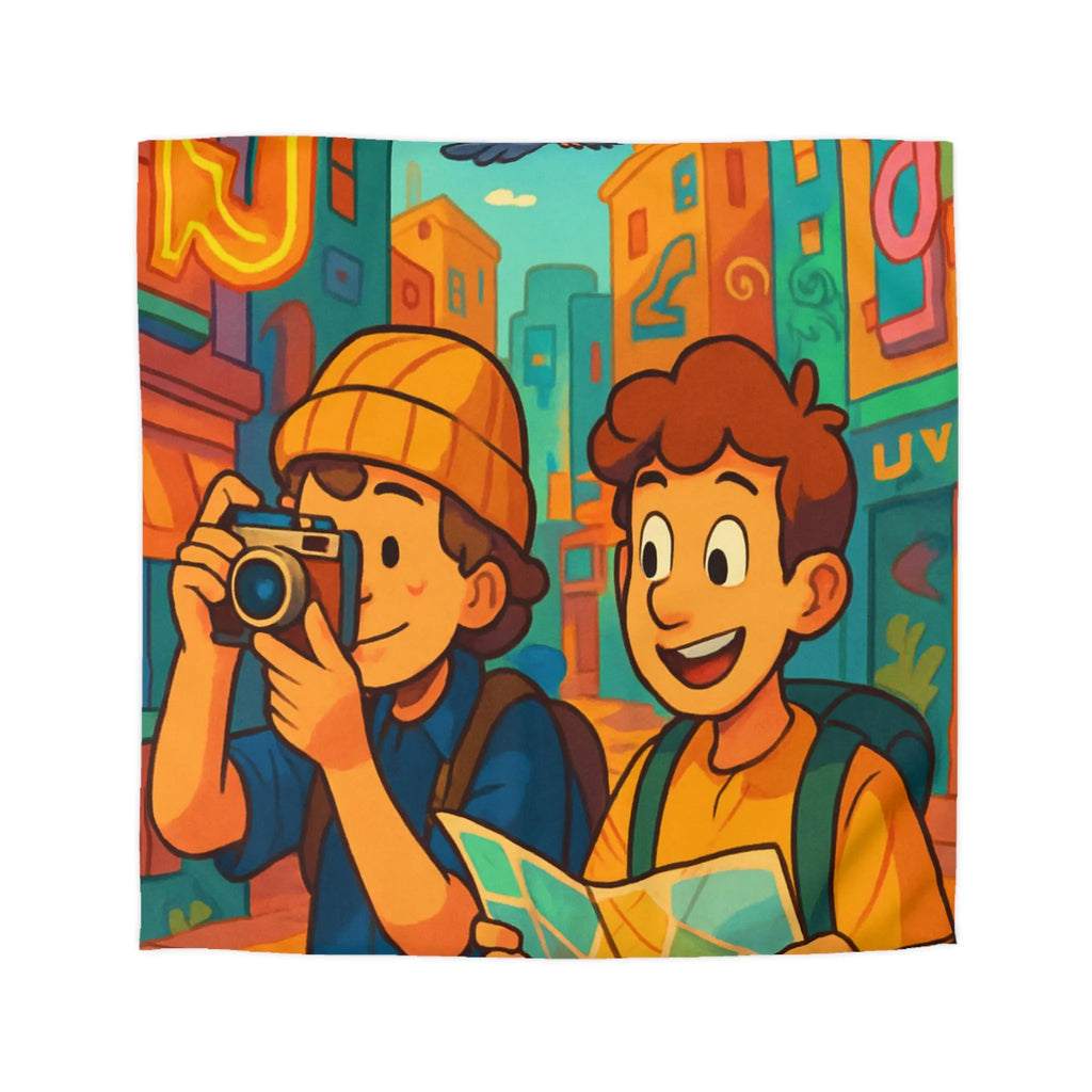 Housse de Couette Colorée avec Illustration de Voyageurs Urbains et Oiseaux Animés