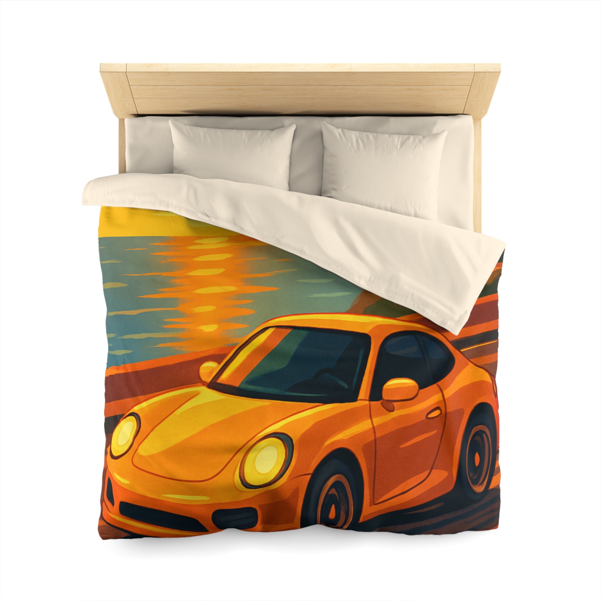 Housse de couette voiture sportive orange route côtière coucher de soleil paysage vibrant