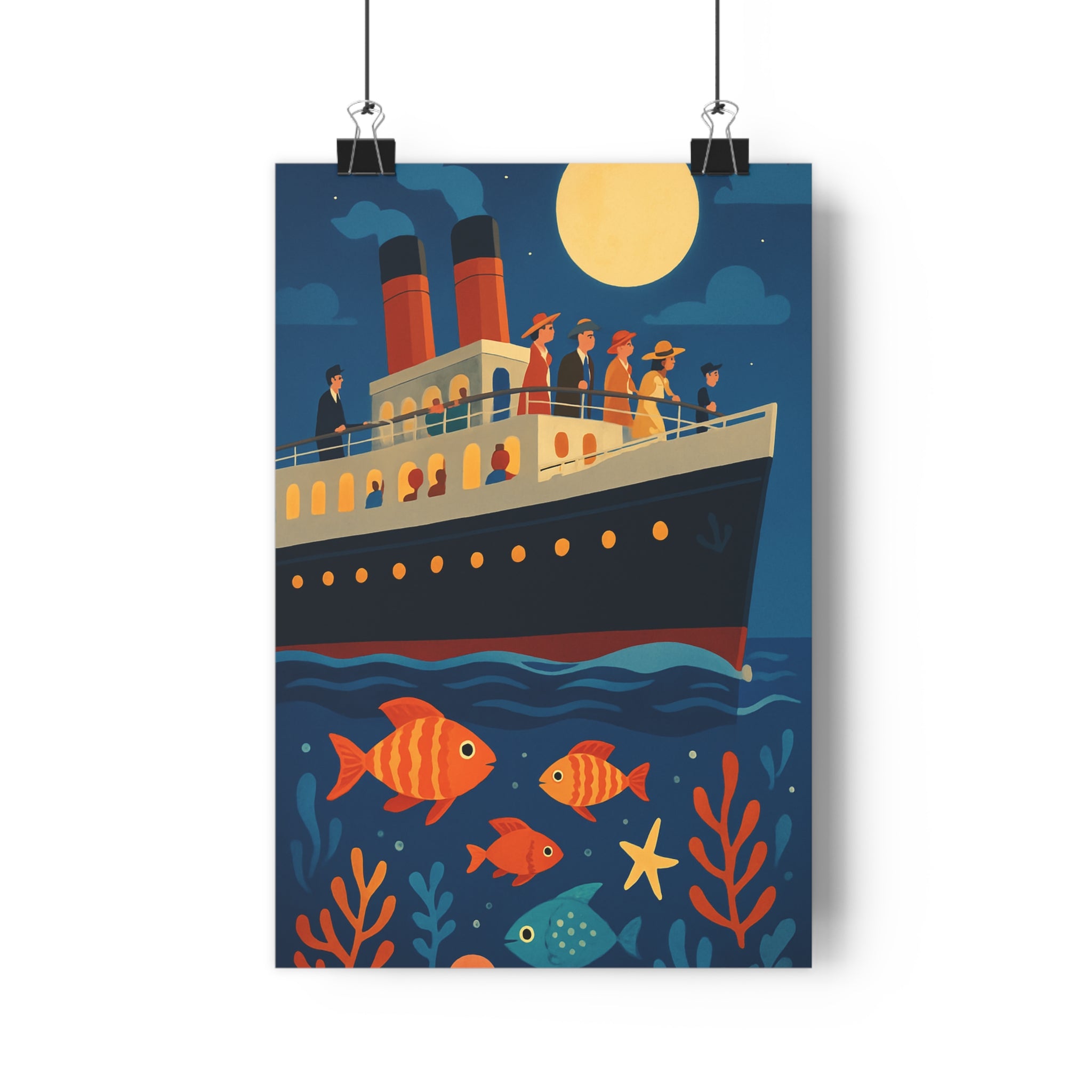 Poster décoratif anime bleu mystérieux fascinant salon navire océan poissons pleine lune contrasté coloré