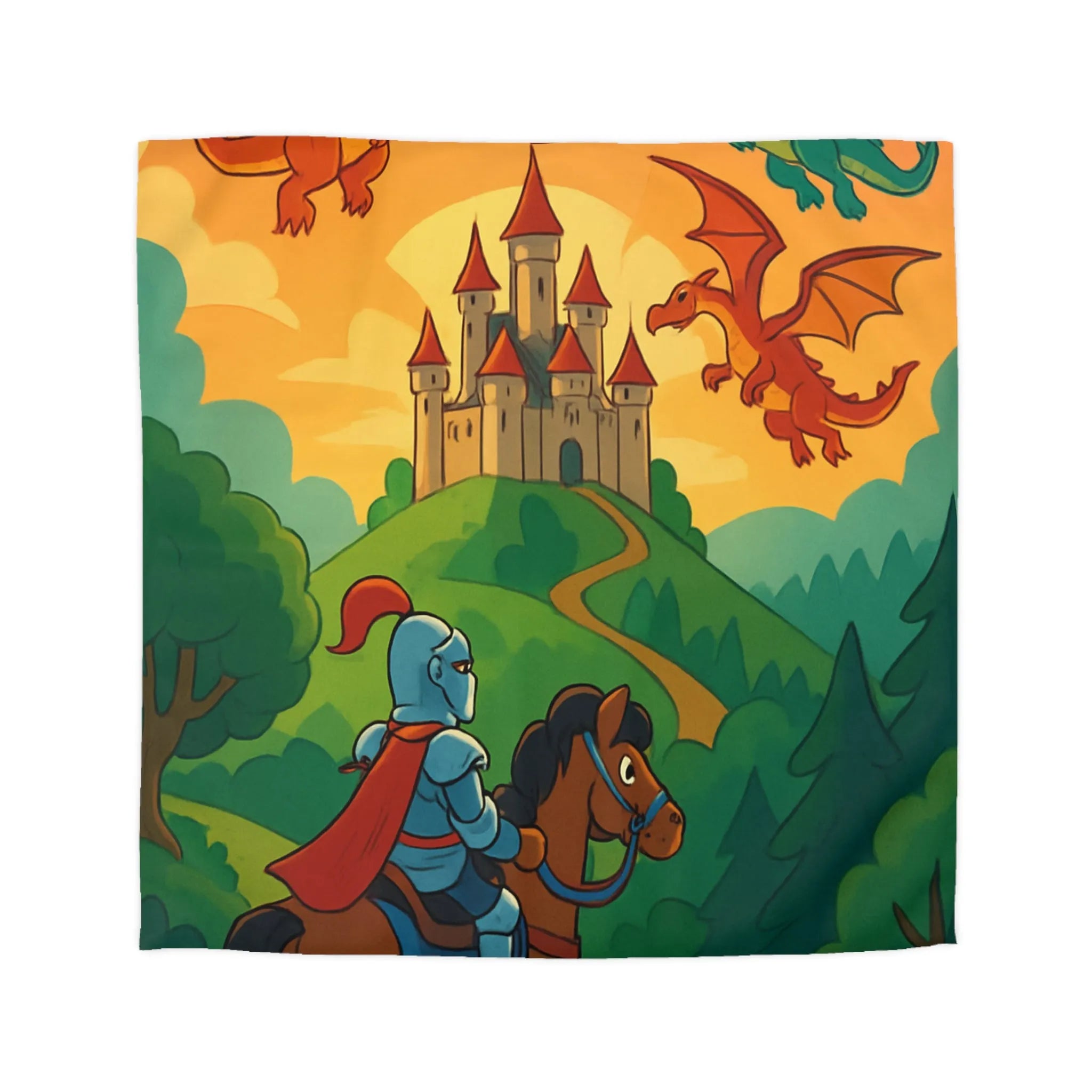 Housse de couette chevalier et dragons colorés pour chambre enfant thème aventure magique