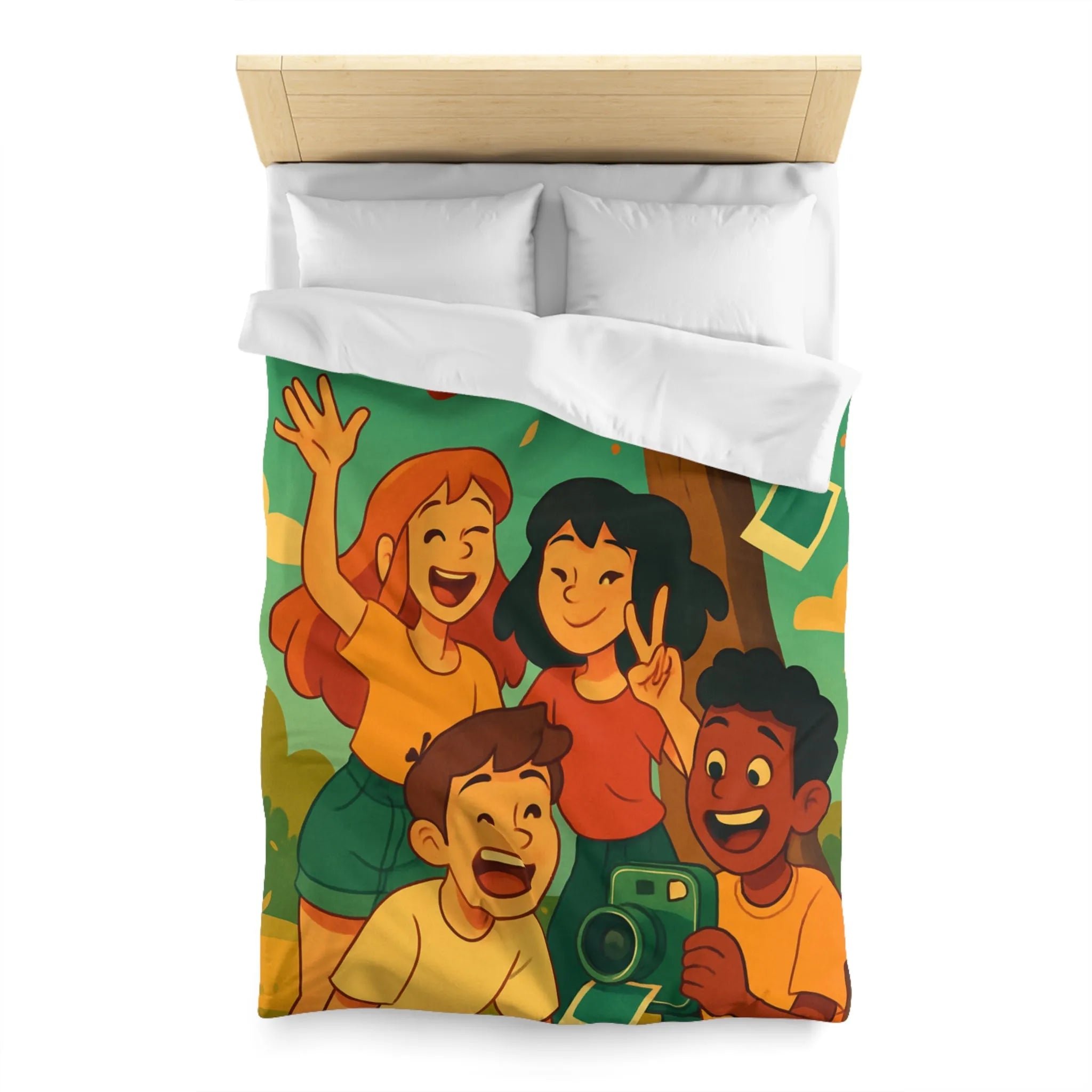 Housse de Couette Enfants Arborant Motif Nature et Joie Automnale Avec Polaroids