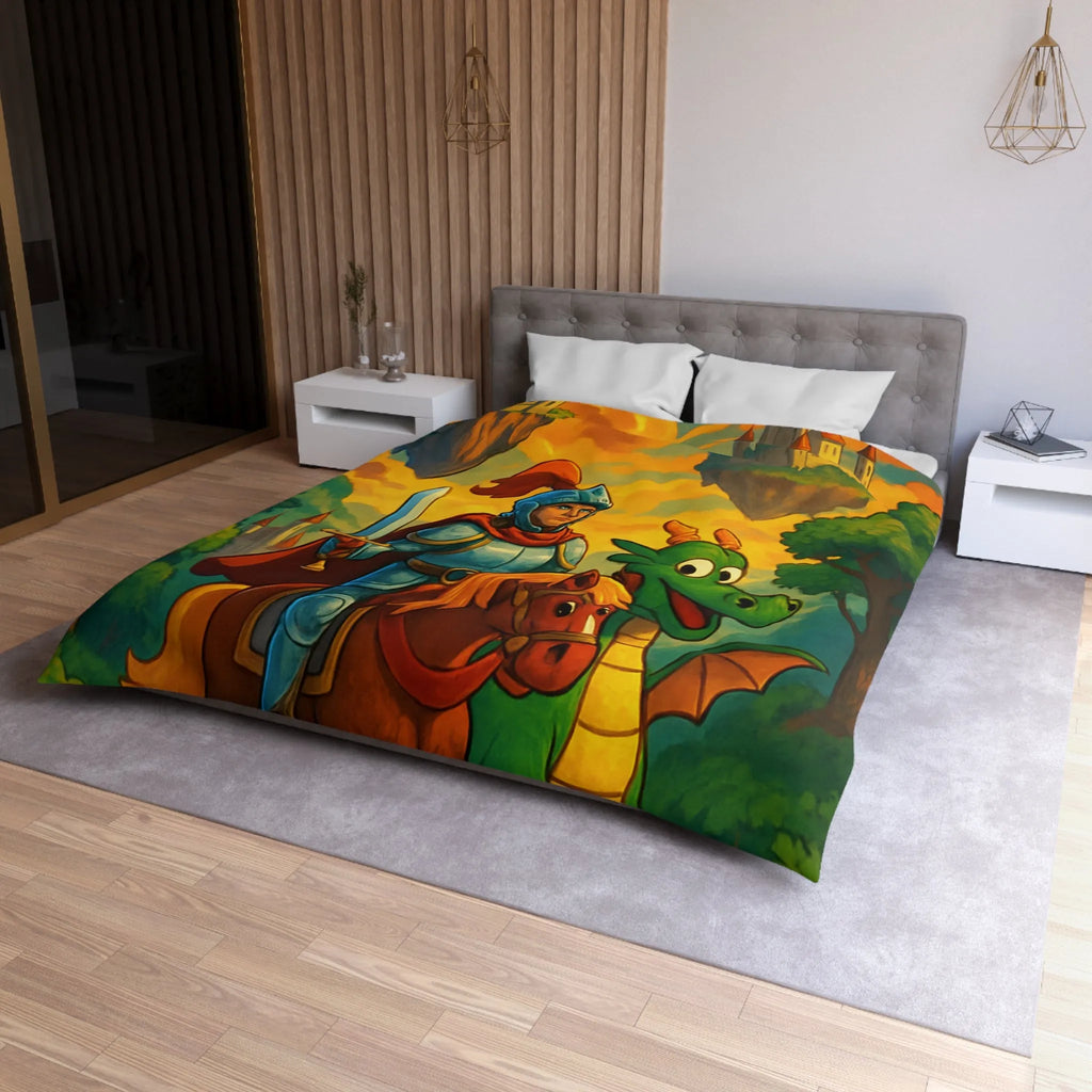 Housse de couette médiévale colorée avec chevalier, dragon et châteaux flottants fantastiques
