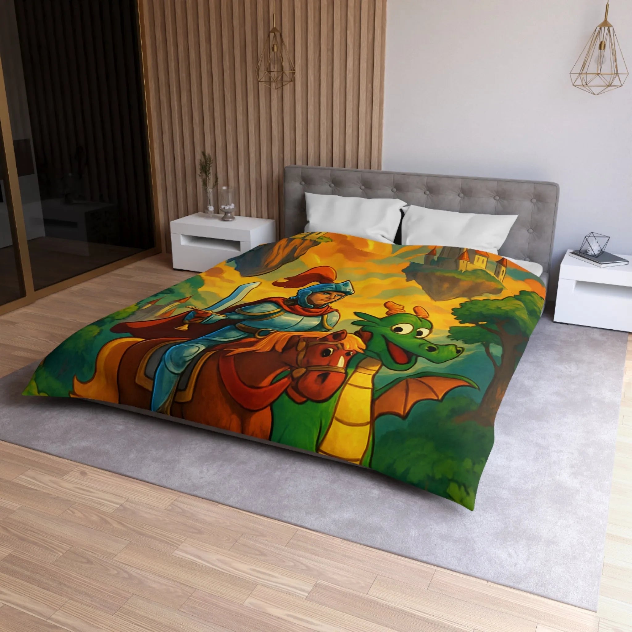 Housse de couette médiévale colorée avec chevalier, dragon et châteaux flottants fantastiques