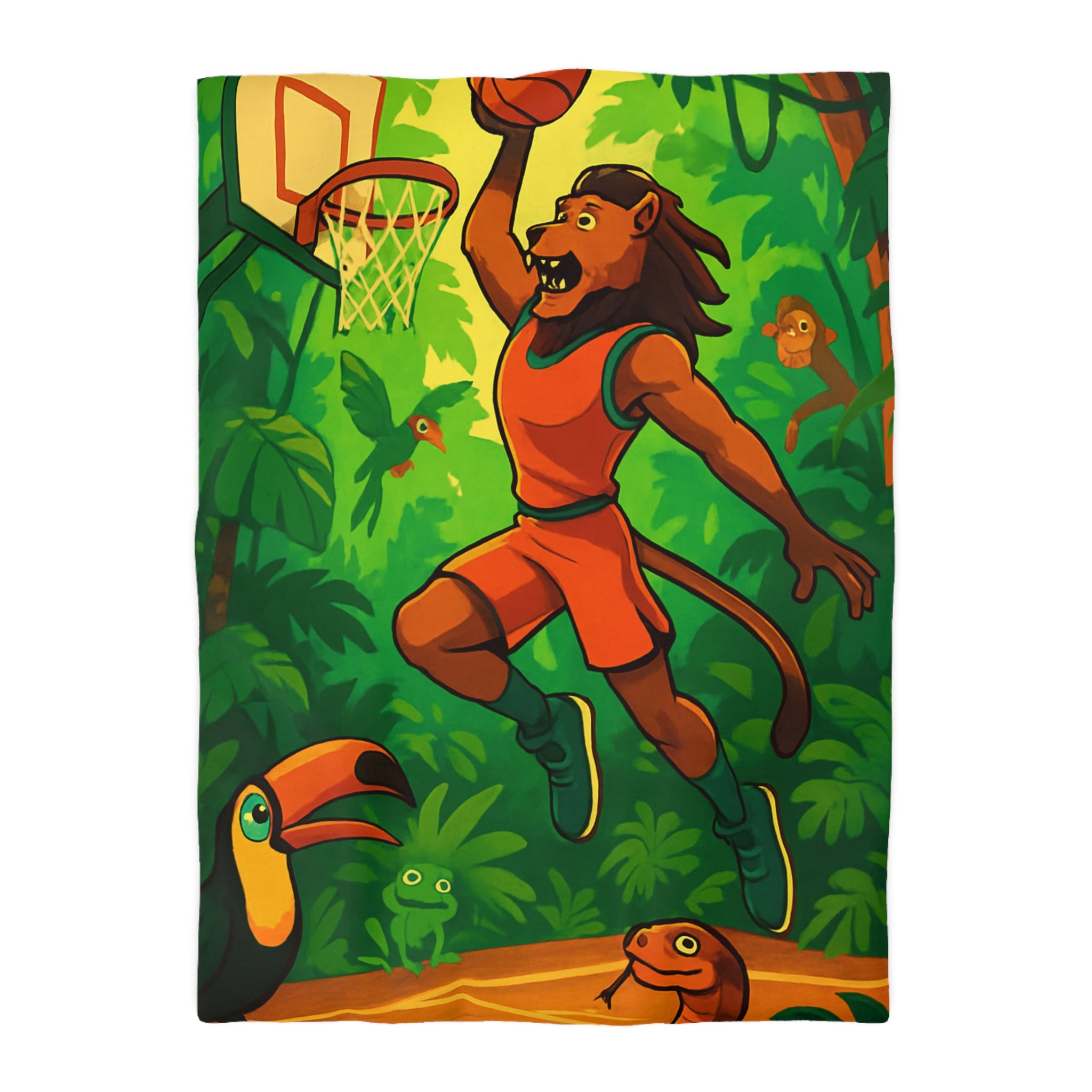 Housse de couette vibrante avec lion jouant au basket dans la jungle colorée