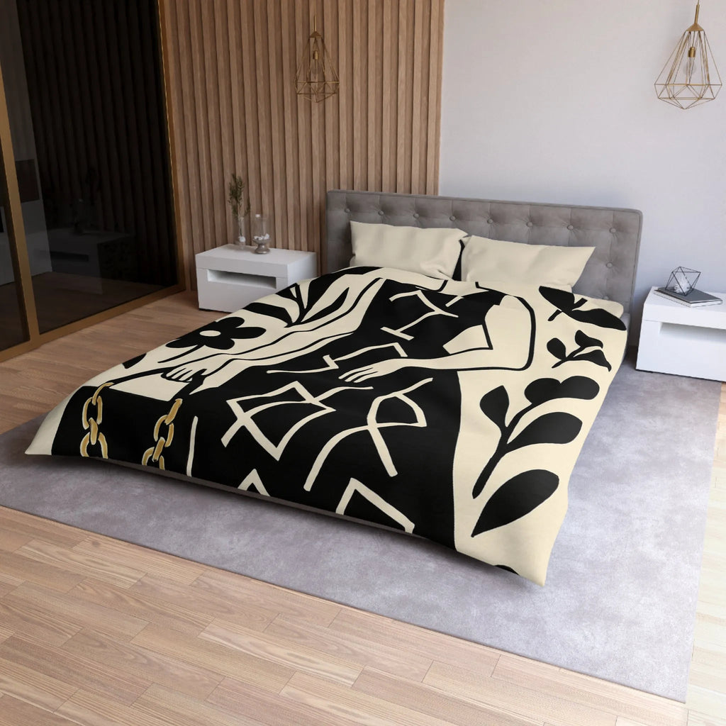 Élégant motif floral noir et blanc pour housse de couette moderne et sophistiquée