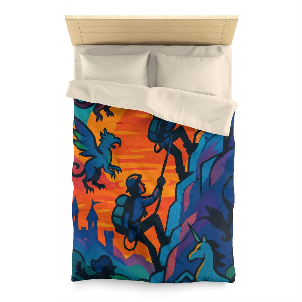 Housse de couette aventure fantastique avec montagnes, créatures mythiques et coucher de soleil