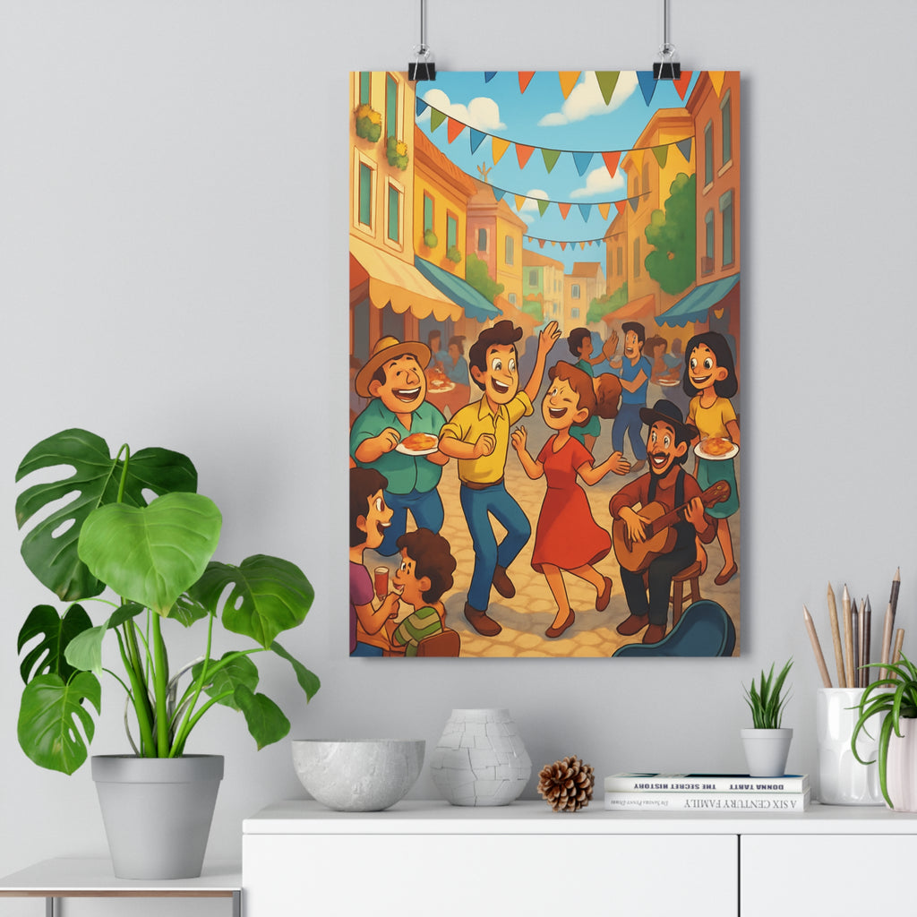 Poster décoratif cartoon vibrant joyeux marseille couleurs chaudes salon chambre convivial festif scène fanions