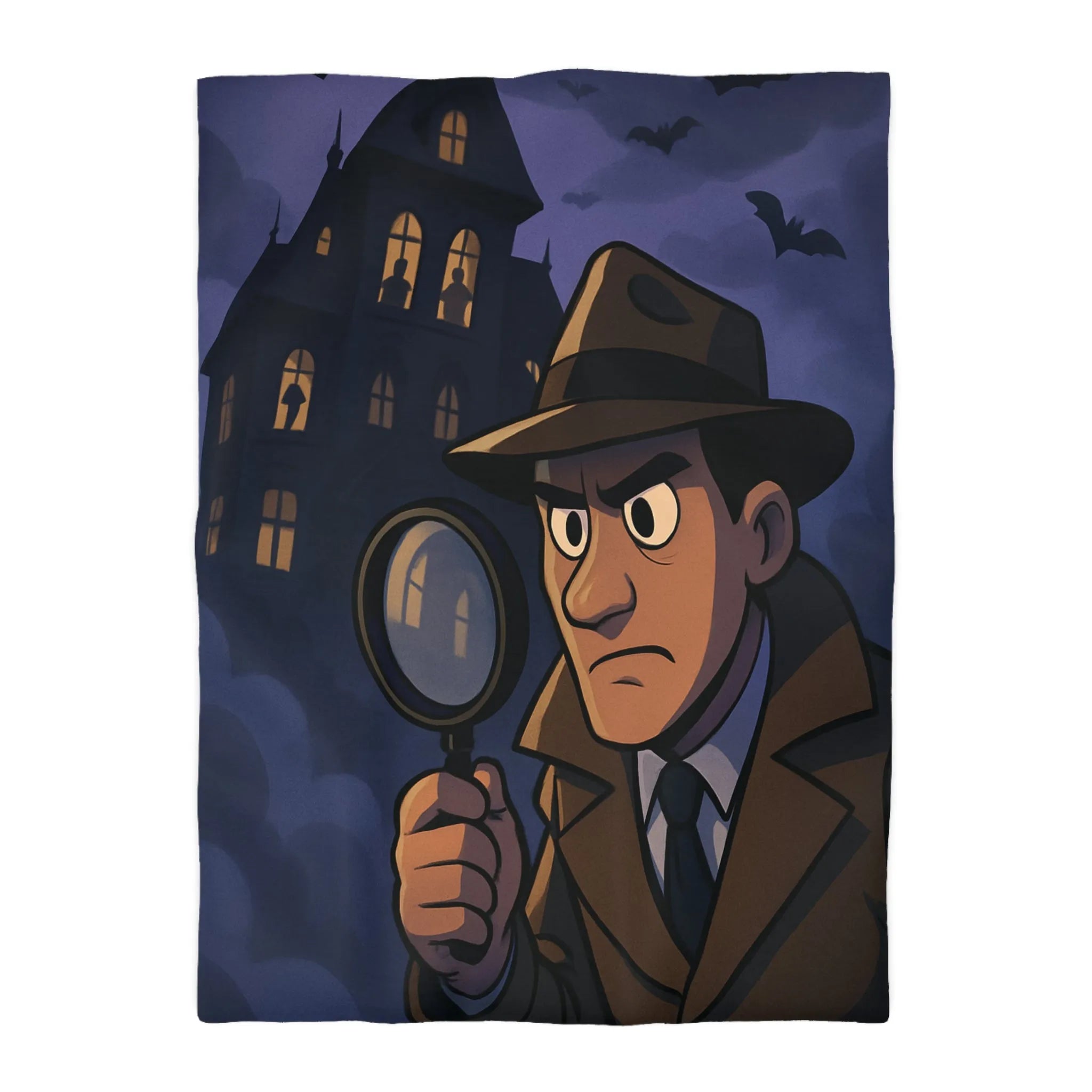 Housse de couette avec détective en enquête devant un manoir hanté mystérieux