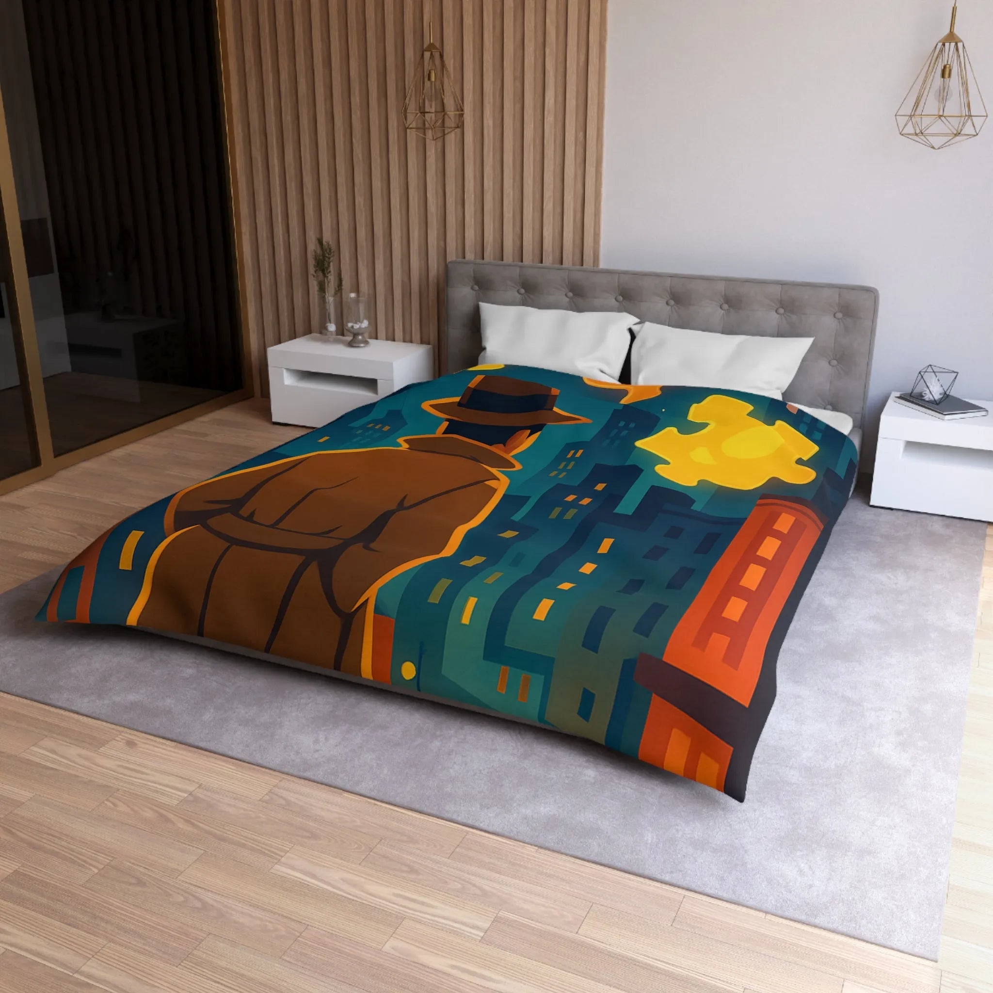 Enquête urbaine rétro avec puzzle lumineux sur housse de couette style détective nocturne