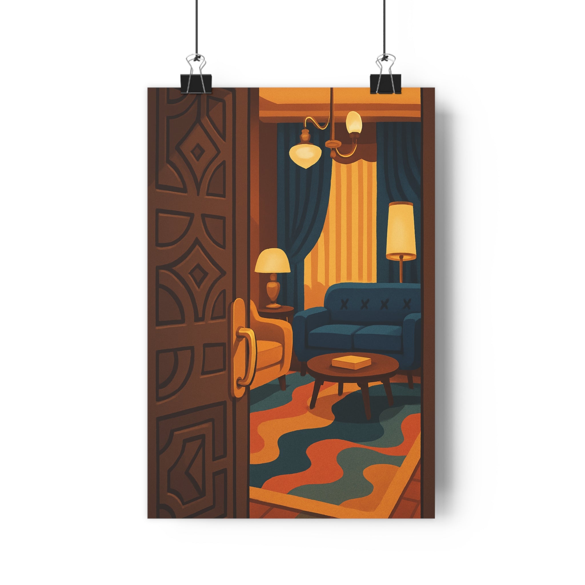 Poster décoratif élégant rétromoderne bleu jaune bois multicolore salon entrée ambiance accueillante sophistiquée 30x46