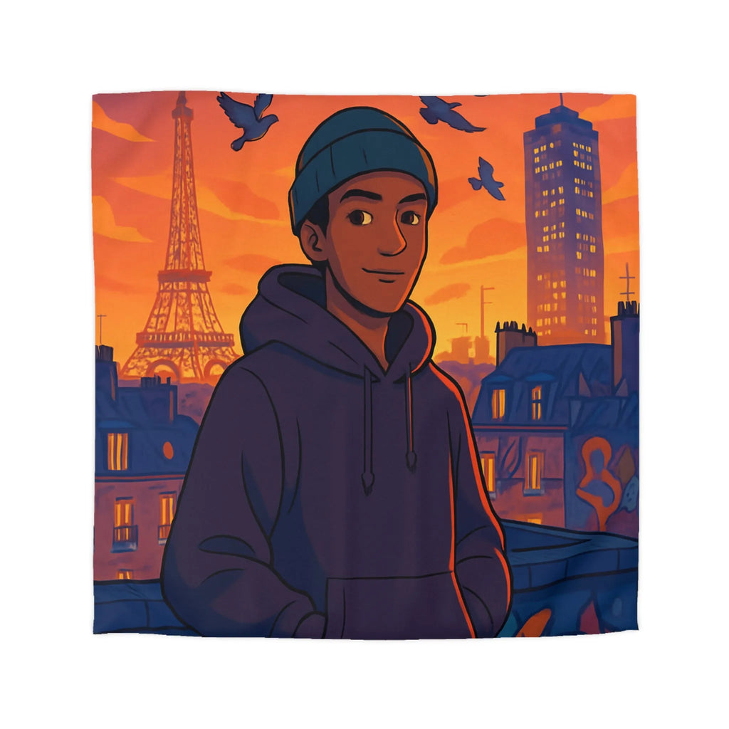 Housse de couette colorée avec ville, tour emblématique et vol de pigeons au crépuscule