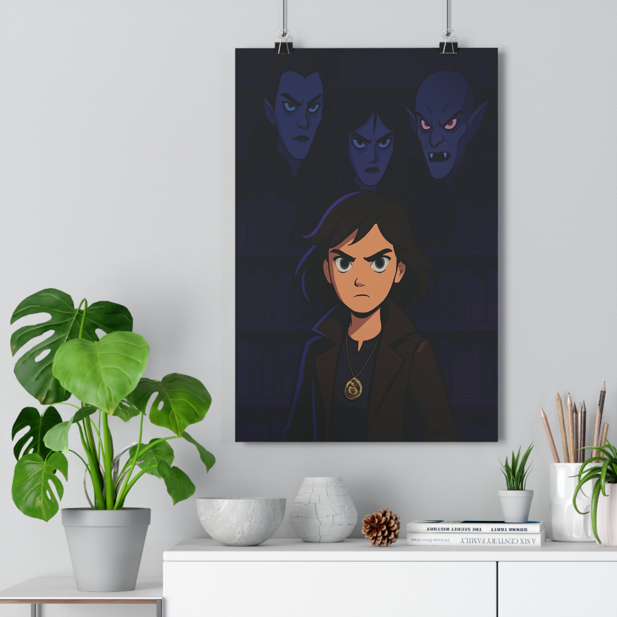 Poster décoratif cartoon sombre bleu noir mystique chambre salon bureau mystérieux 30x46 femme déterminée