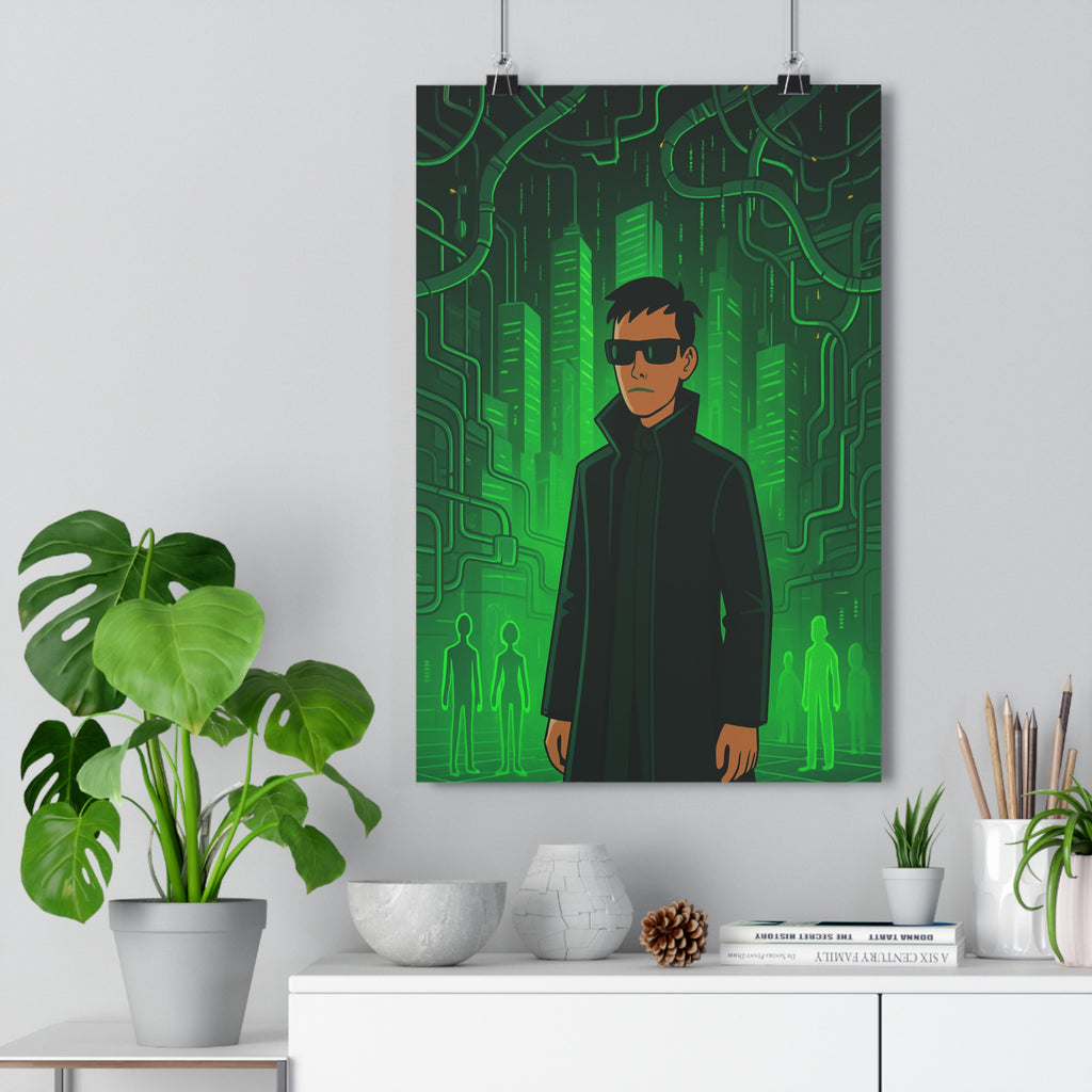 Poster décoratif cyberpunk vert futuriste animé aventure bureau chambre moderne numérique silhouette personnage tendance