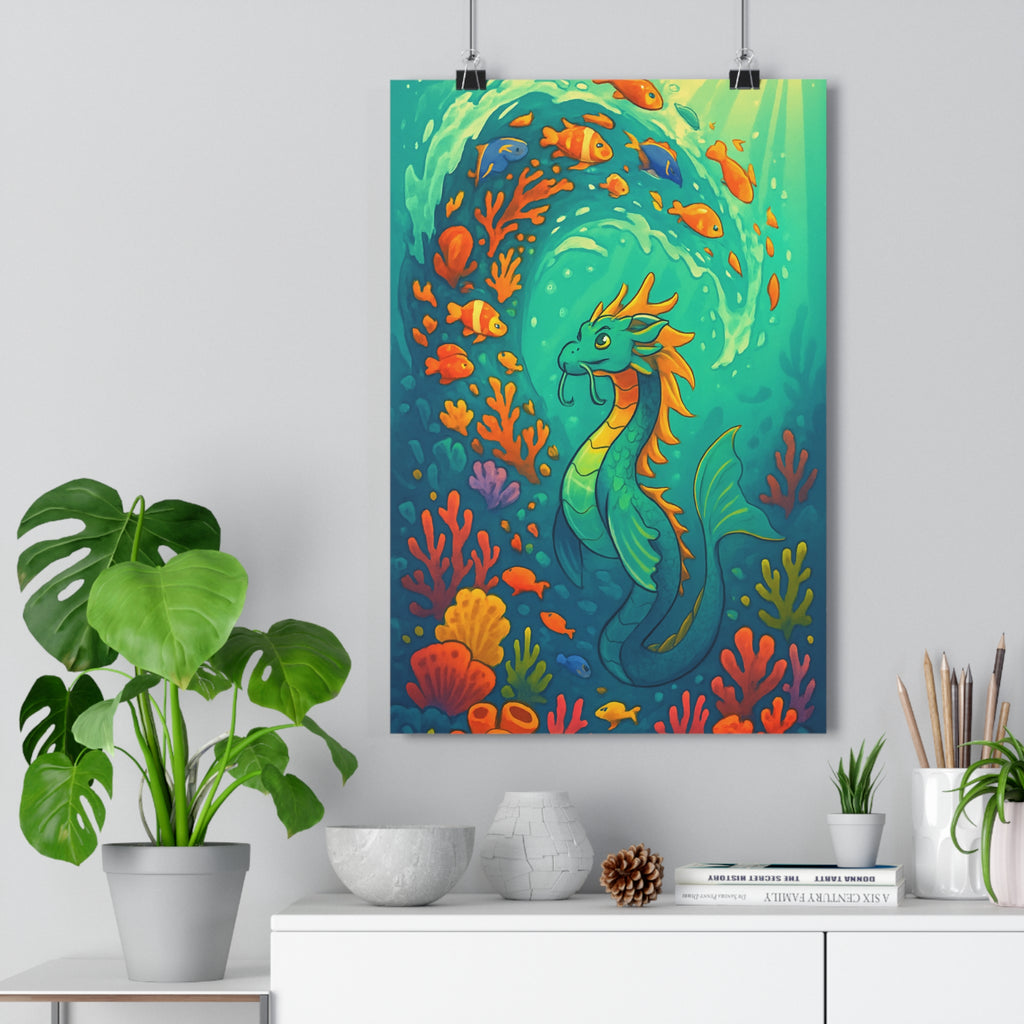 Poster décoratif vibrant bleu orange animé aventure chambre bureau dragon marin créatures fantastiques 30x46