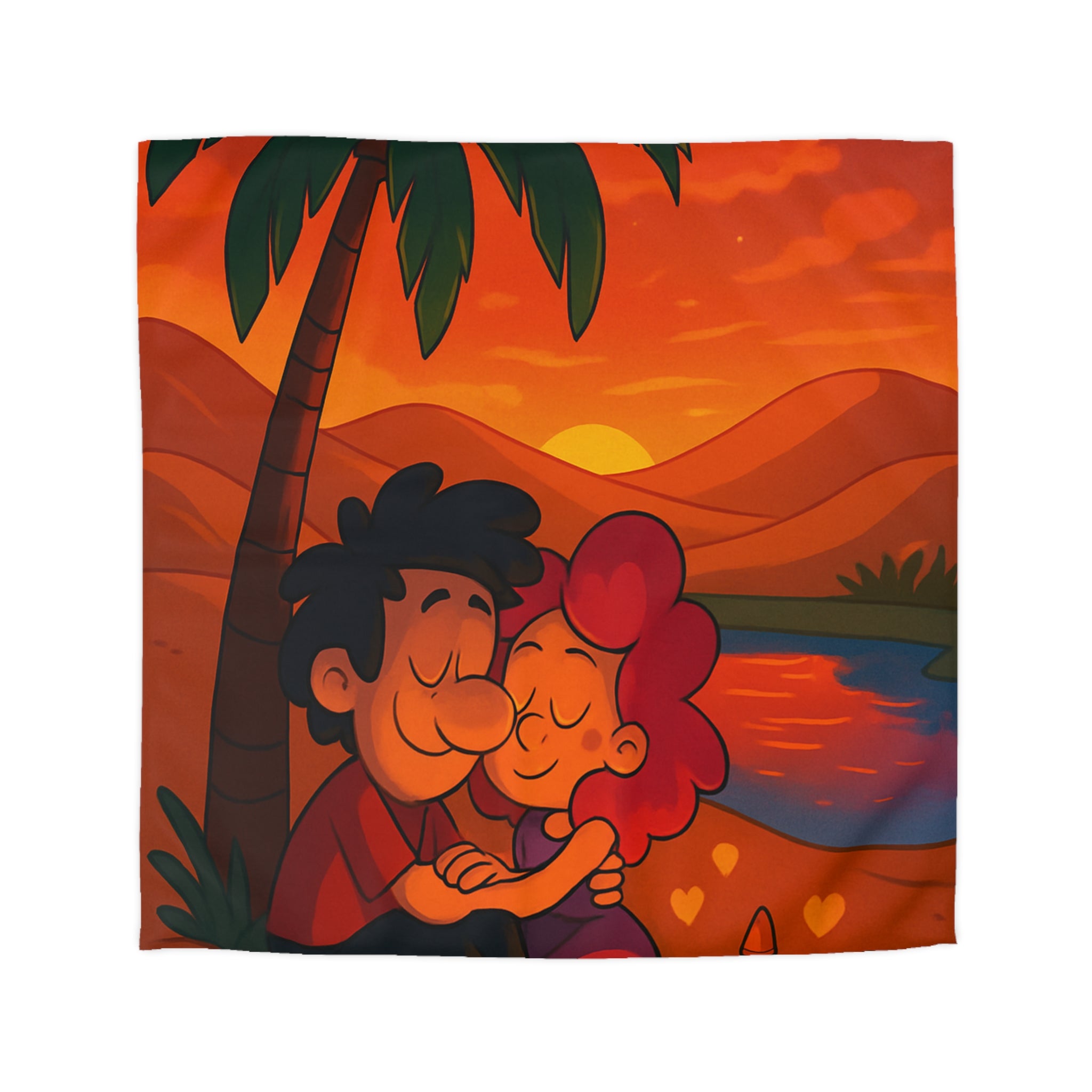 Housse de couette romantique avec couple câlin et coucher de soleil magique désertique