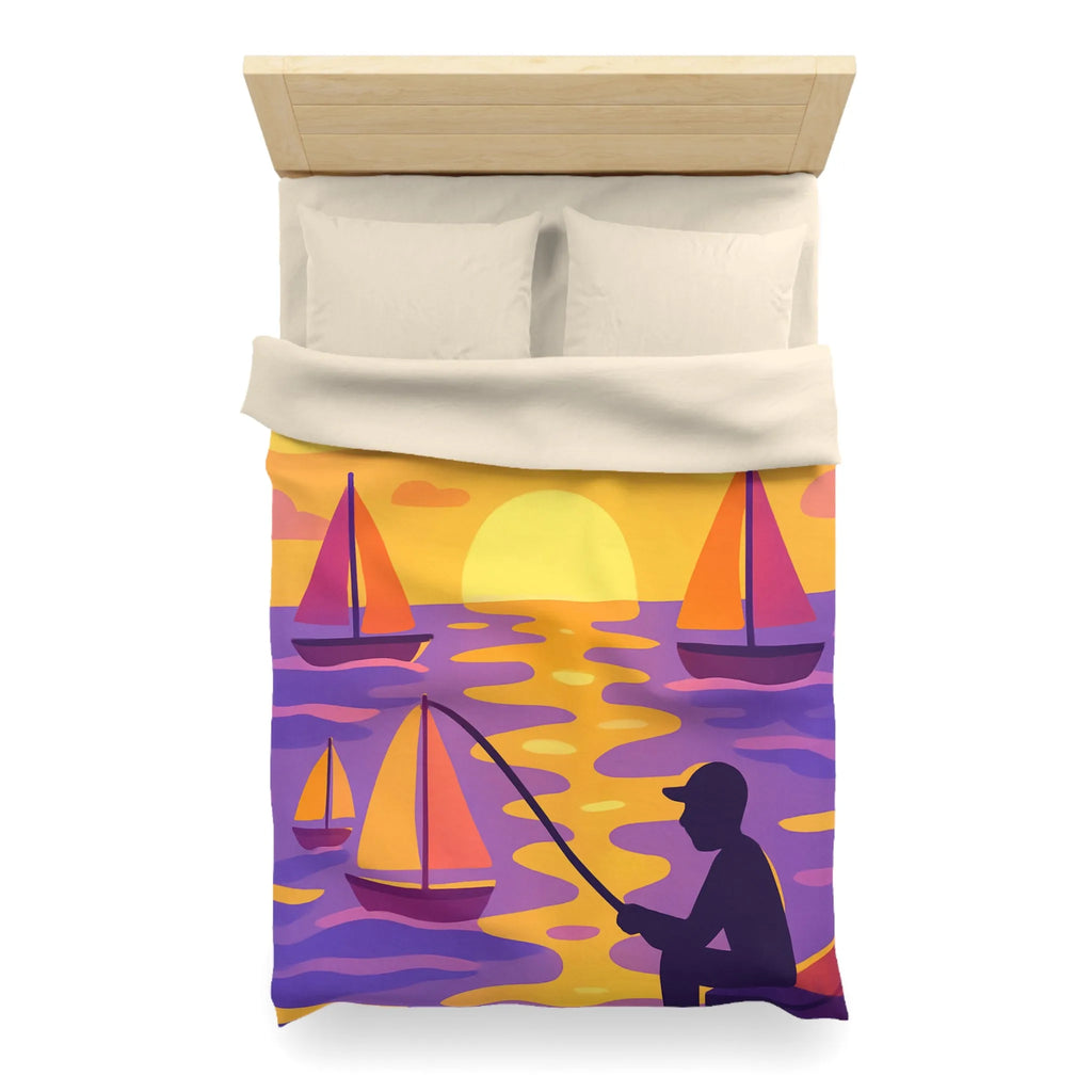 Housse de couette colorée avec voiliers et coucher de soleil magnifique au bord de l'eau