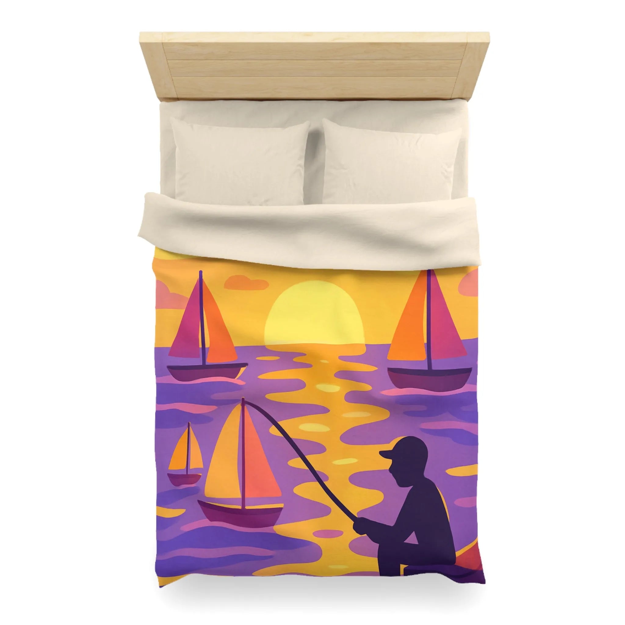 Housse de couette colorée avec voiliers et coucher de soleil magnifique au bord de l'eau