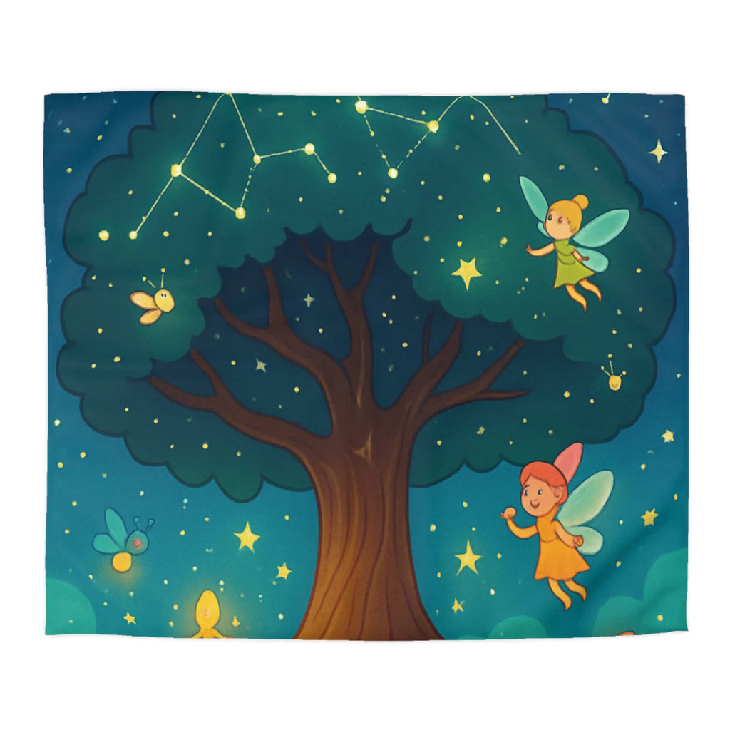 Housse de couette féérique avec arbre enchanté et fées sous les constellations étoilées