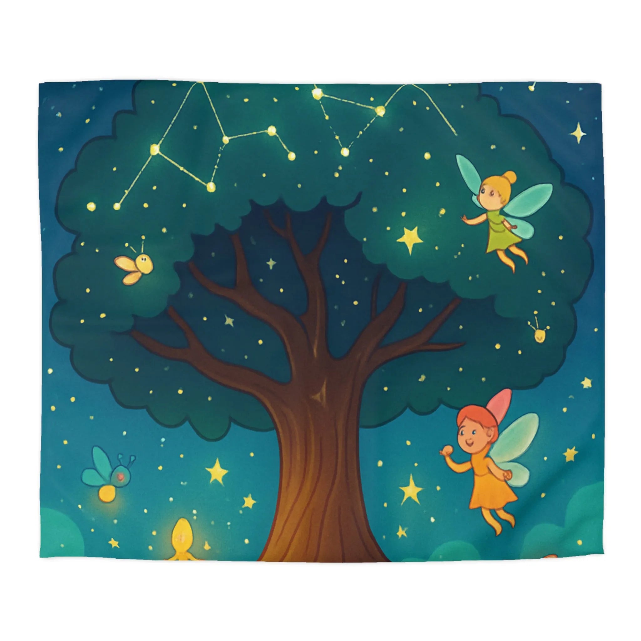 Housse de couette féérique avec arbre enchanté et fées sous les constellations étoilées