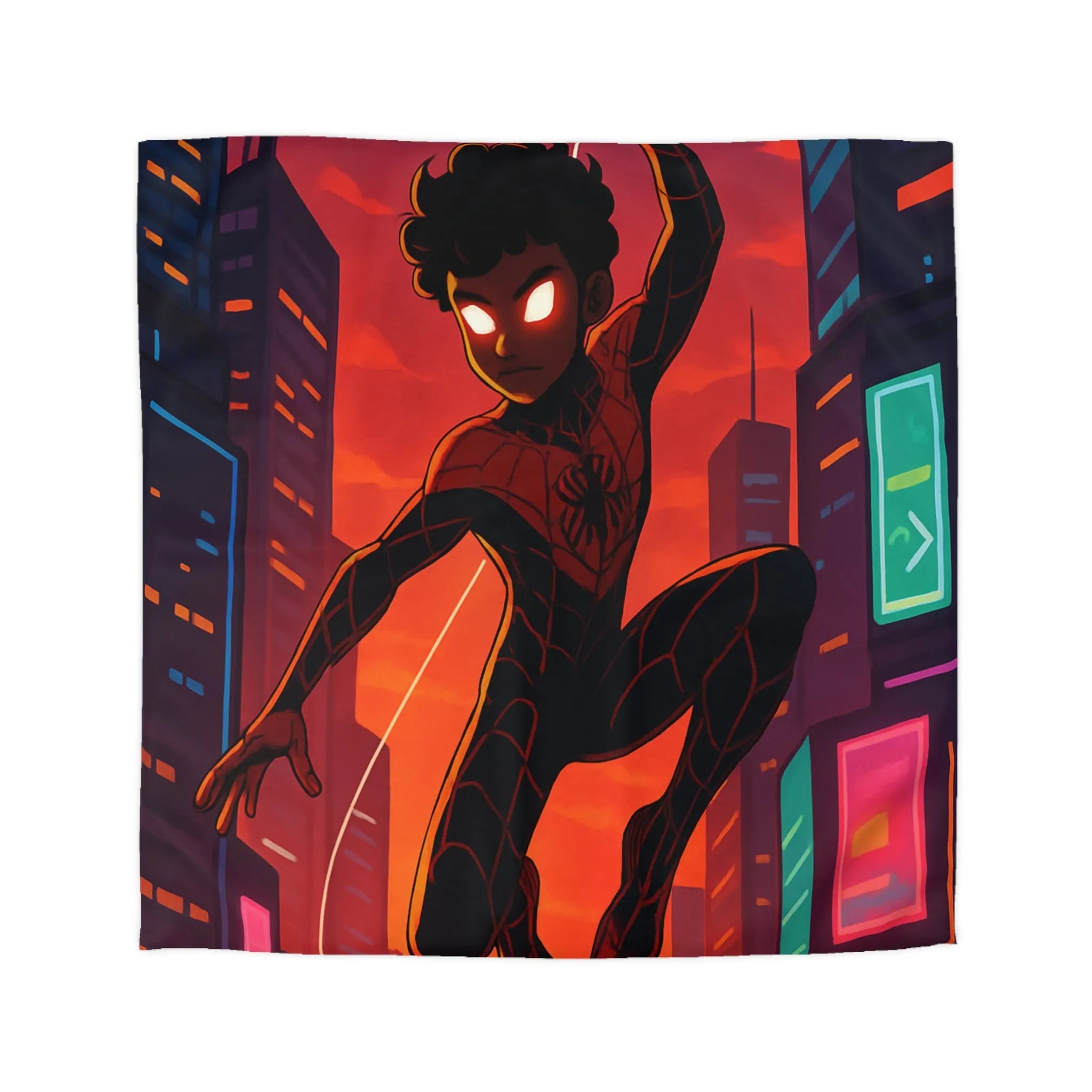 Housse de couette avec super-héros suspendu devant un coucher de soleil urbain vibrant