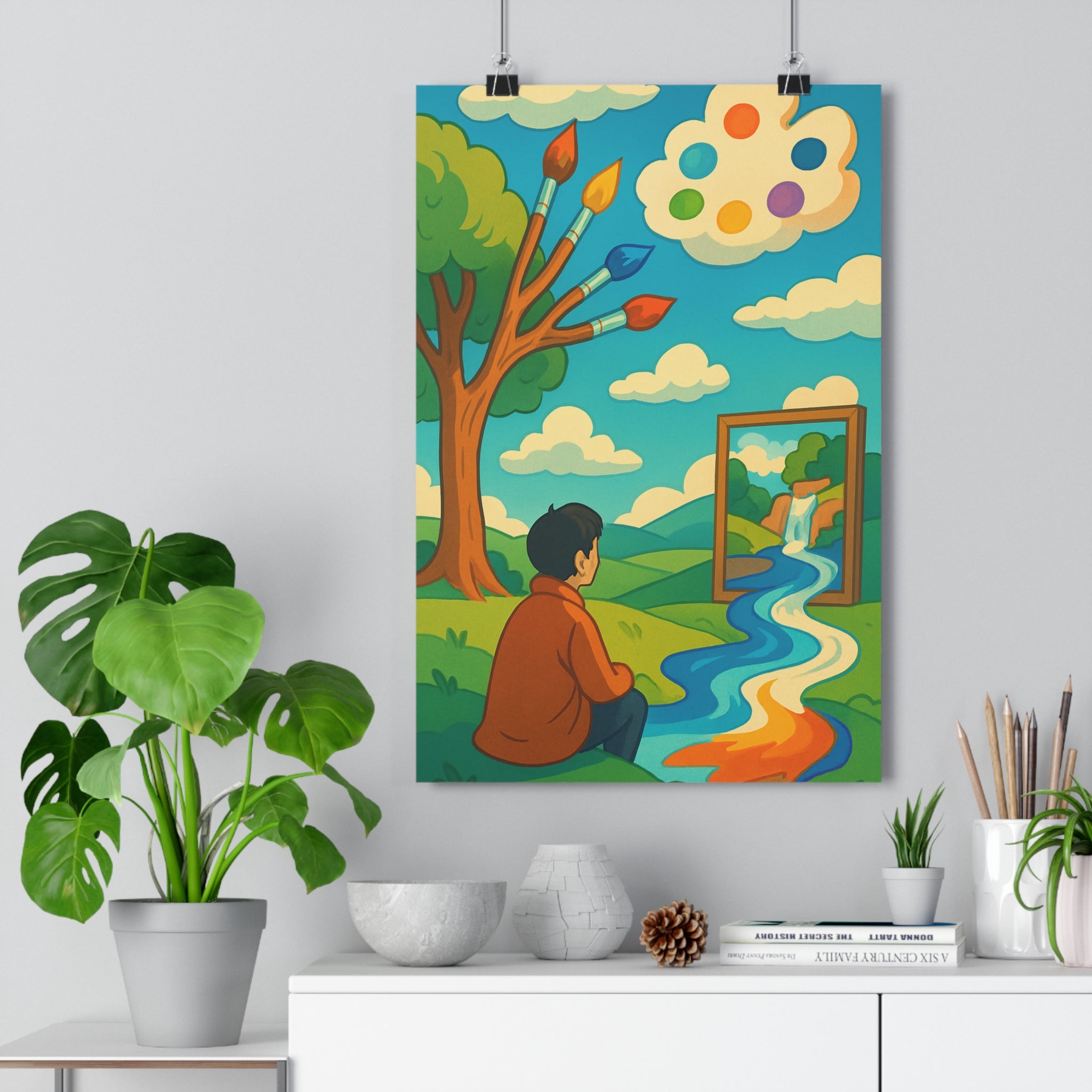 Poster décoratif cartoon surréaliste vert bleu joyeux enfant salon bureau vibrant créatif artistique unique