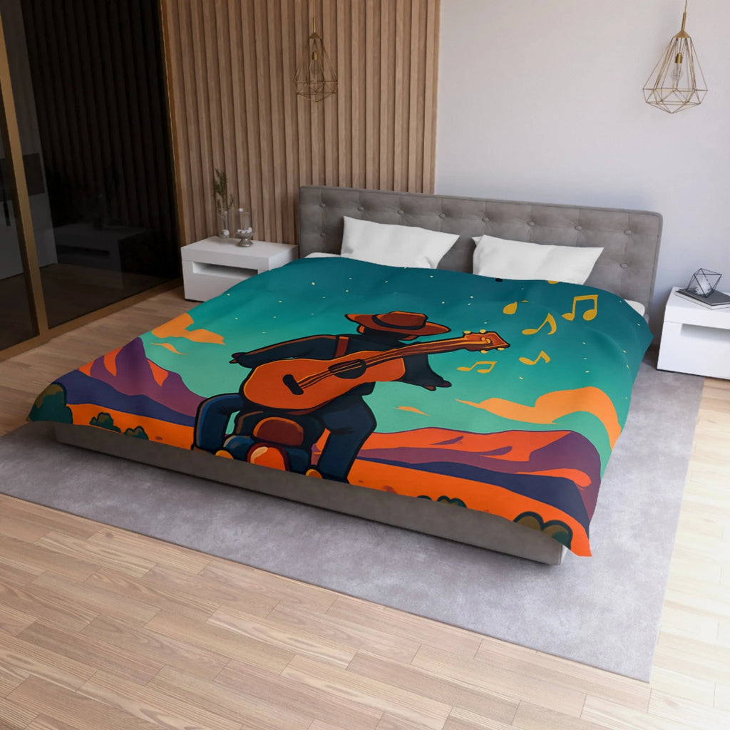 Housse de couette illustrée avec musicien en moto sous ciel étoilé et montagnes