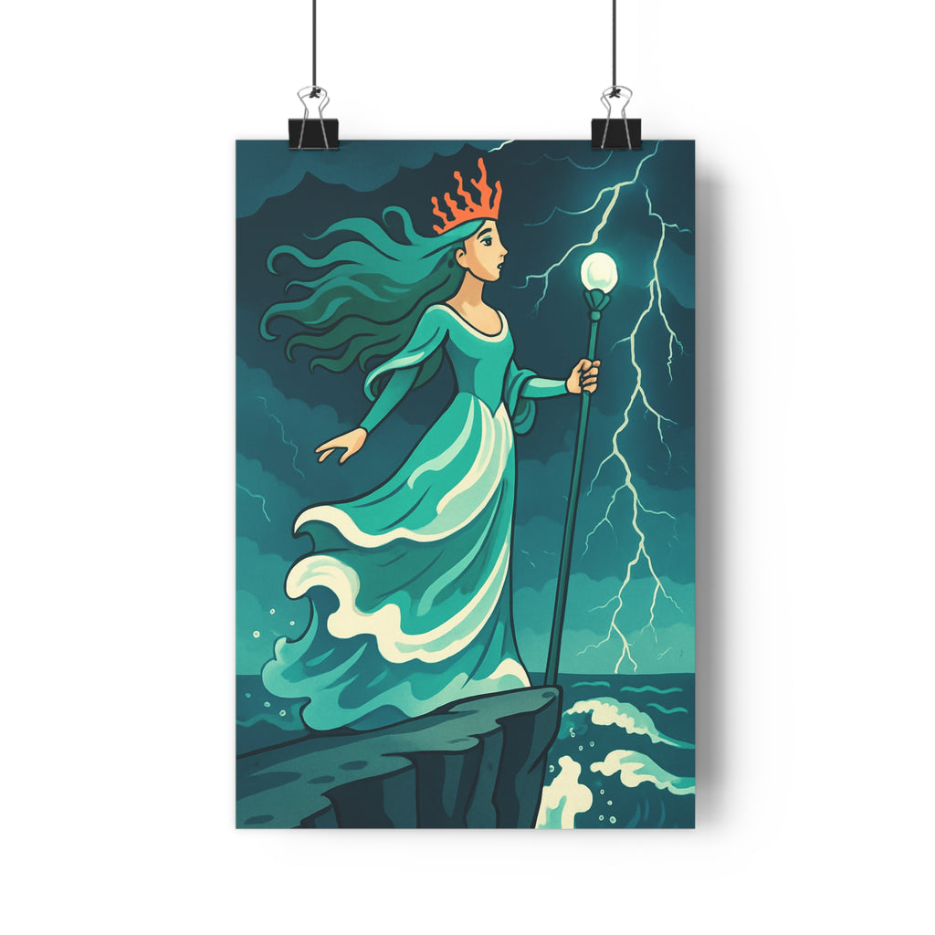 Poster décoratif bleu vert cartoon mystique majestueux femme océan chambre salon élégant naturel design