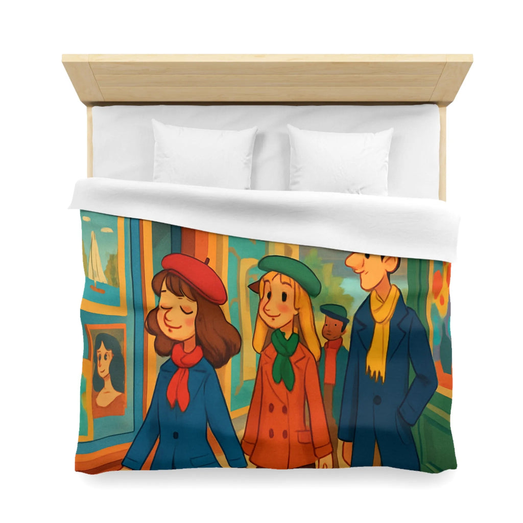 Housse de couette illustrée Paris promenade style rétro avec amis et Tour Eiffel