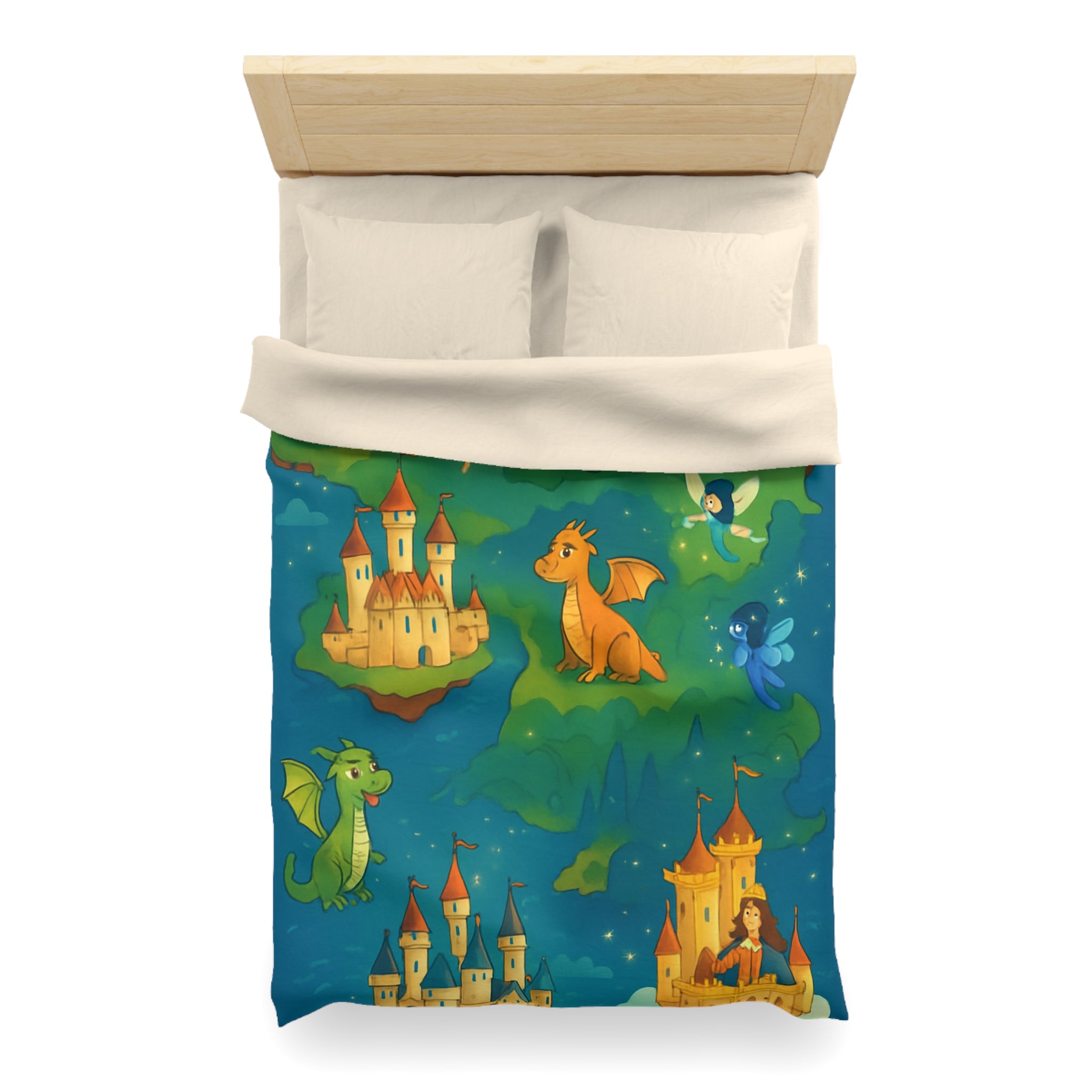 Housse de couette thématique féerique avec dragons, châteaux et un sorcier rêveur