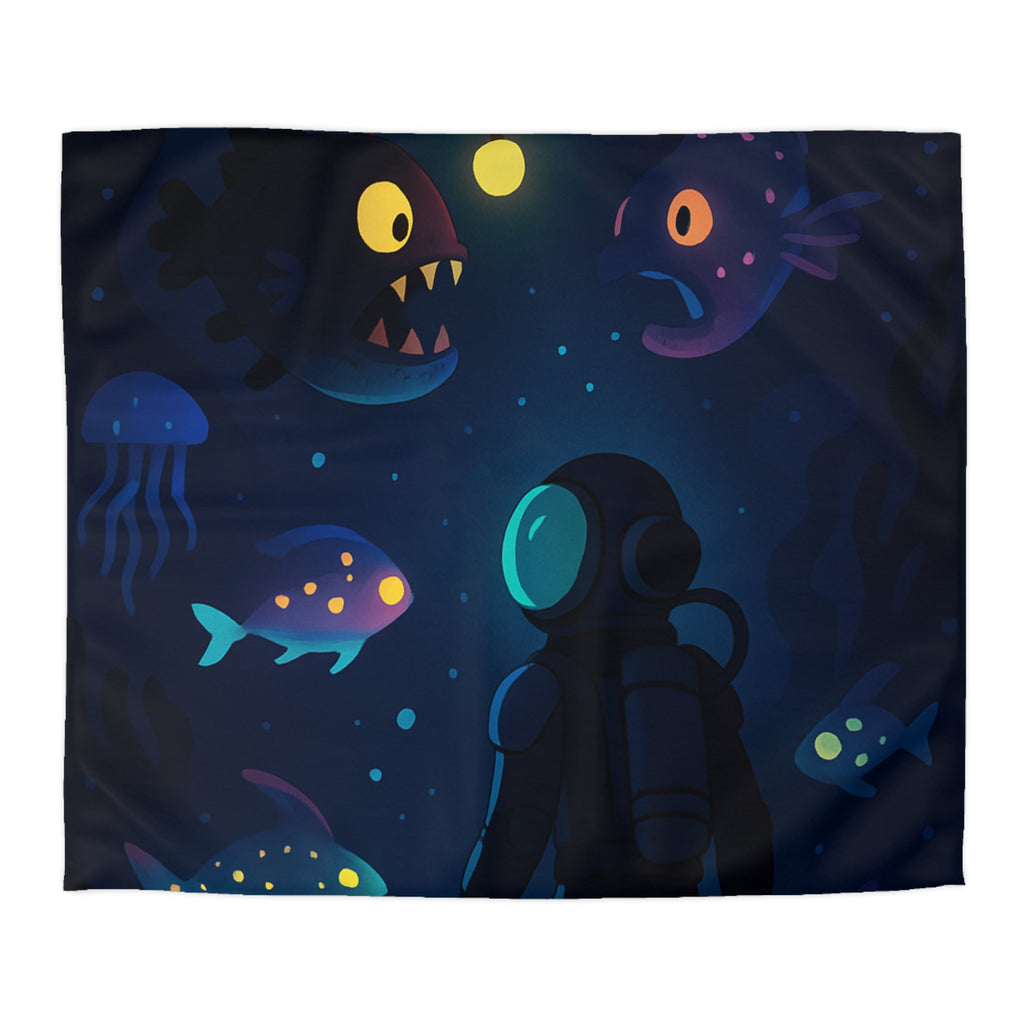 Housse de couette océanique avec plongeur et créatures marines lumineuses mystérieuses