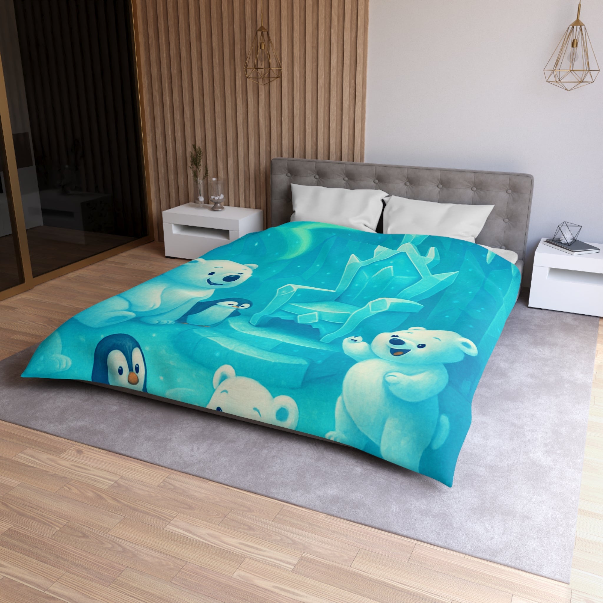 Housse de couette polaire avec ours et pingouins dans royaume glacial féerique