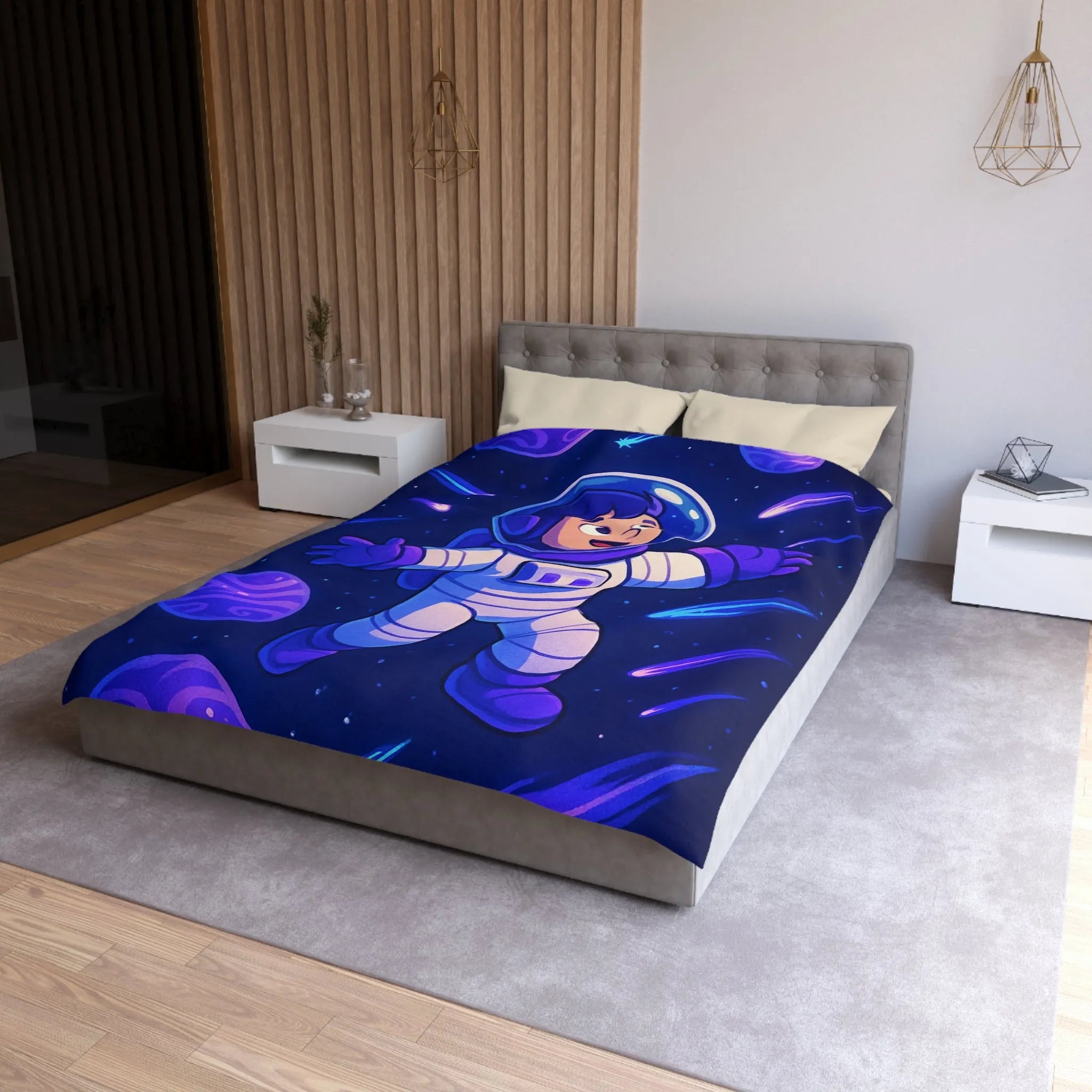 Housse de couette enfant thème espace avec astronaute et planètes colorées violettes