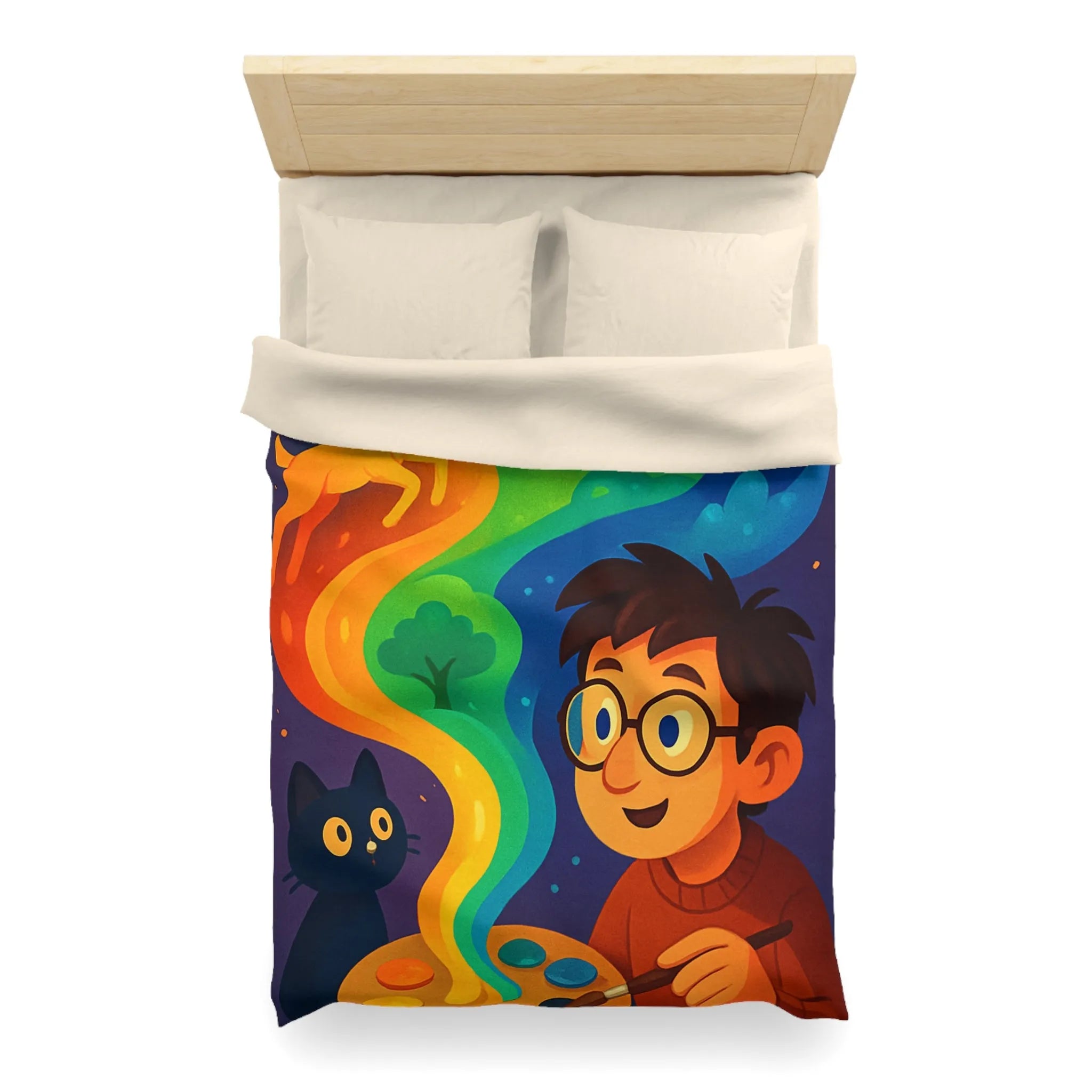 Housse de couette colorée illustrée avec artiste, palette et animaux fantastiques