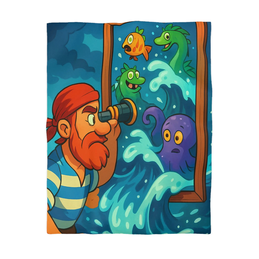 Housse de couette avec pirate observant créatures marines dans scène colorée et ludique