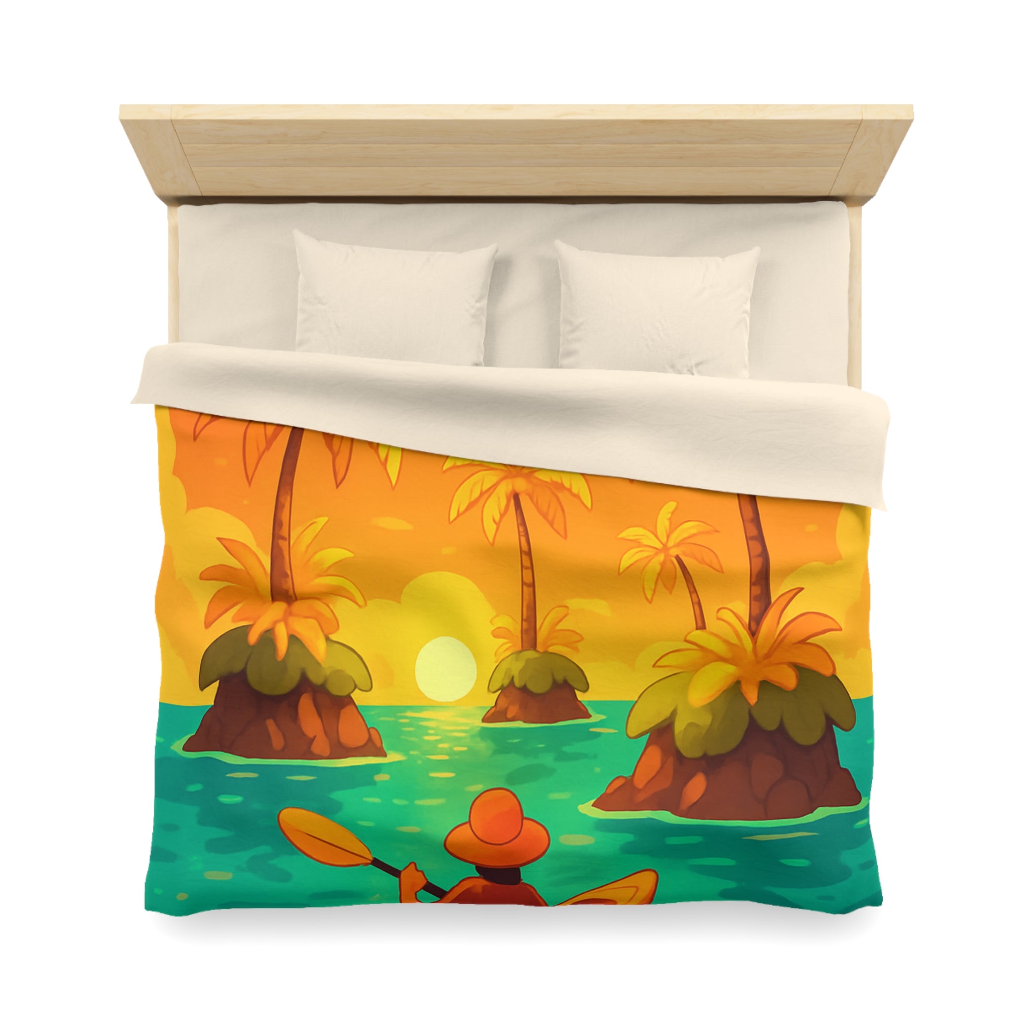 Housse de couette tropicale vibrante avec kayak, palmiers et perroquets au coucher de soleil