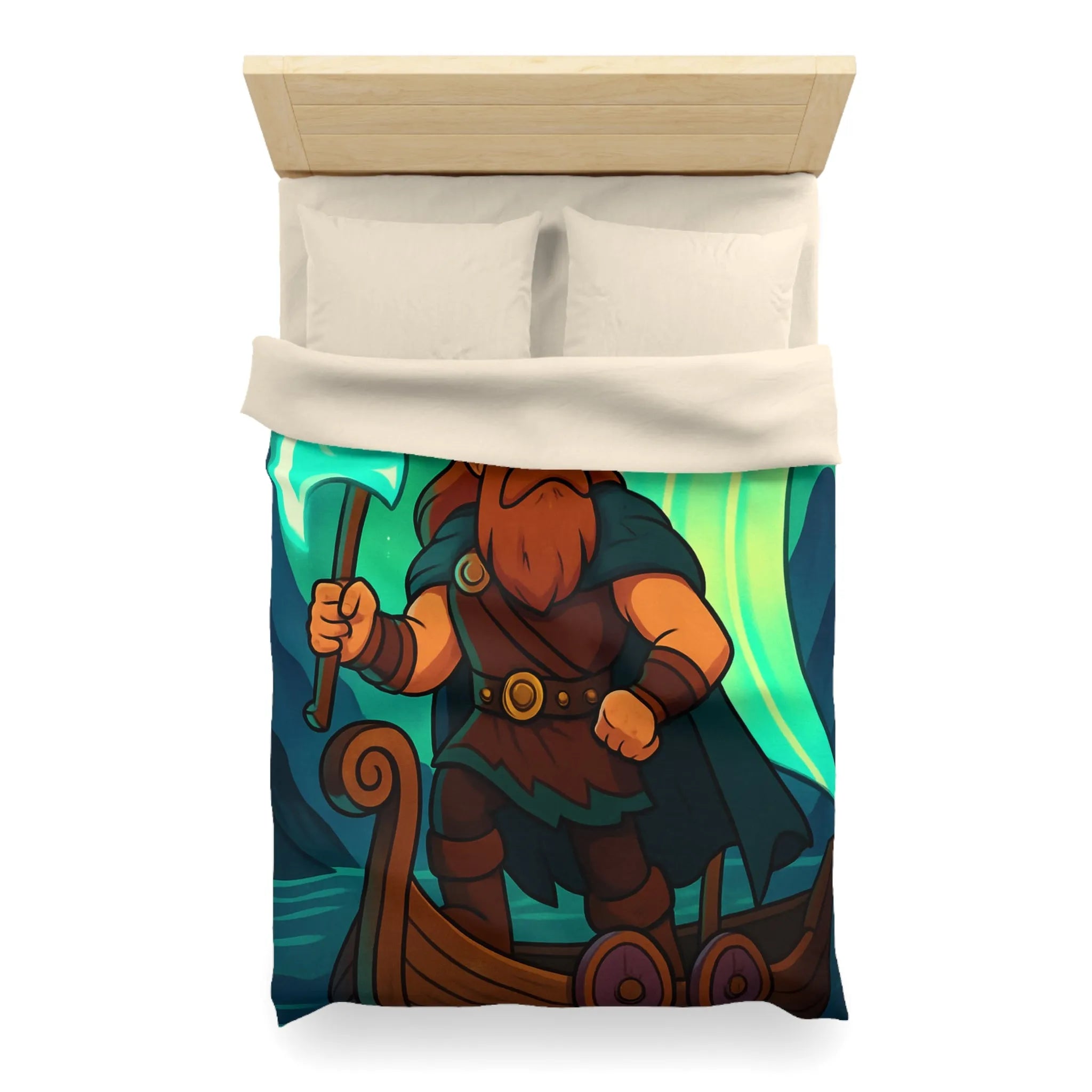 Housse de couette épique viking avec aurore boréale et bateau en pleine mer